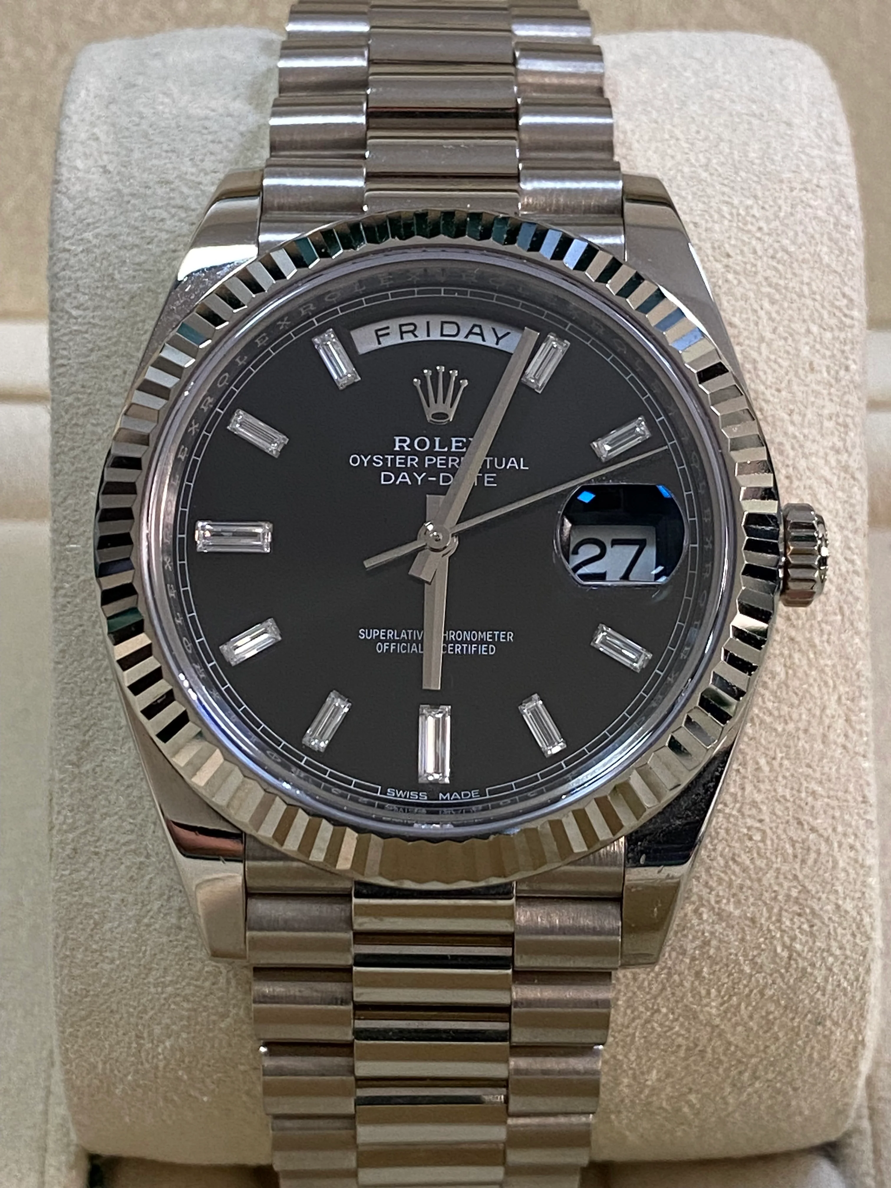 Rolex White Gold Day-Date 40 - 2021 - Fluted Bezel - Black Baguette Diamond Dial - President Bracelet - 228239
