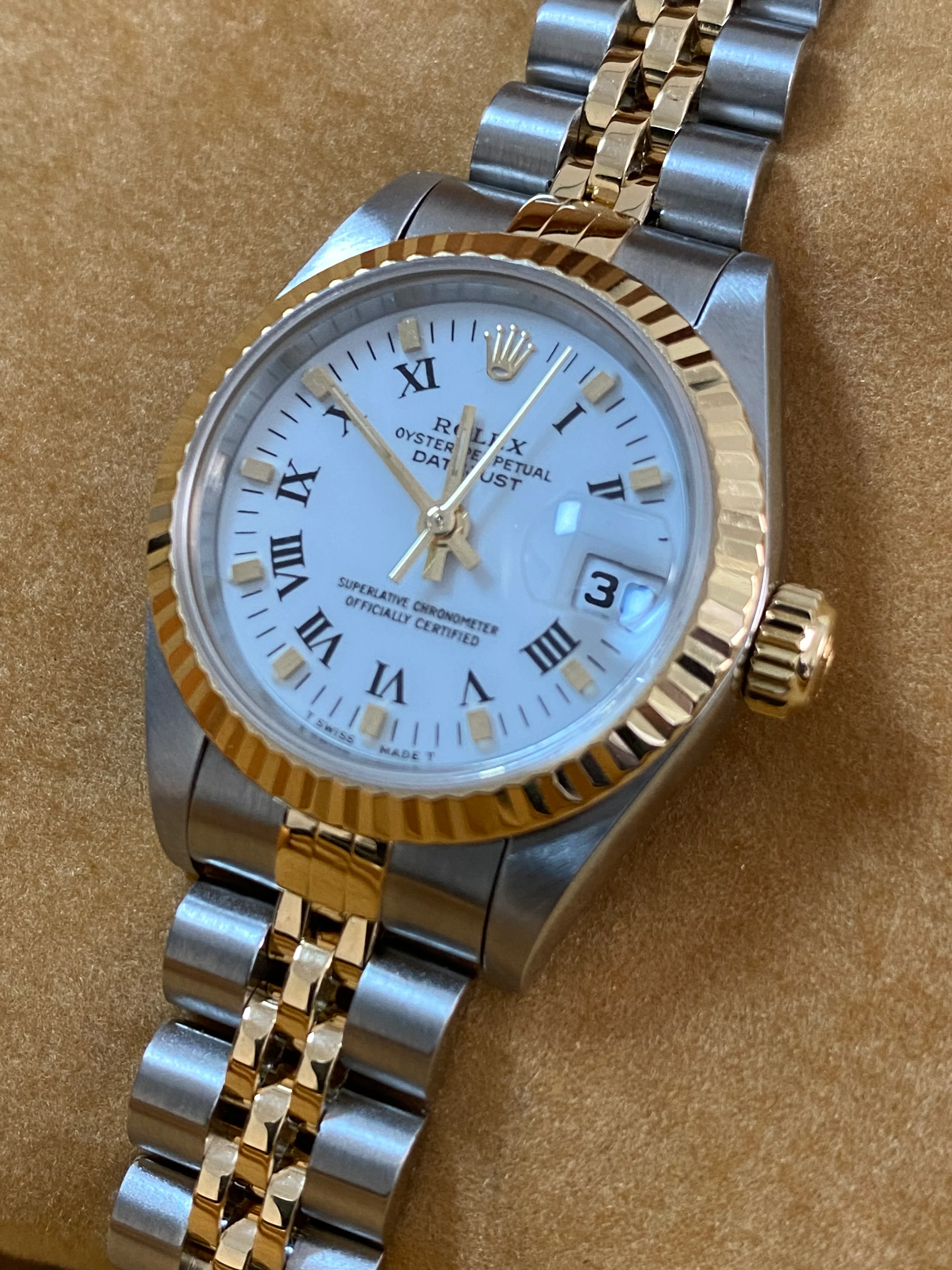 Rolex Steel and Yellow Gold Lady-Datejust - W serial - Fluted Bezel - White Roman Dial - Jubilee Bracelet - 69173 *FULL SET*