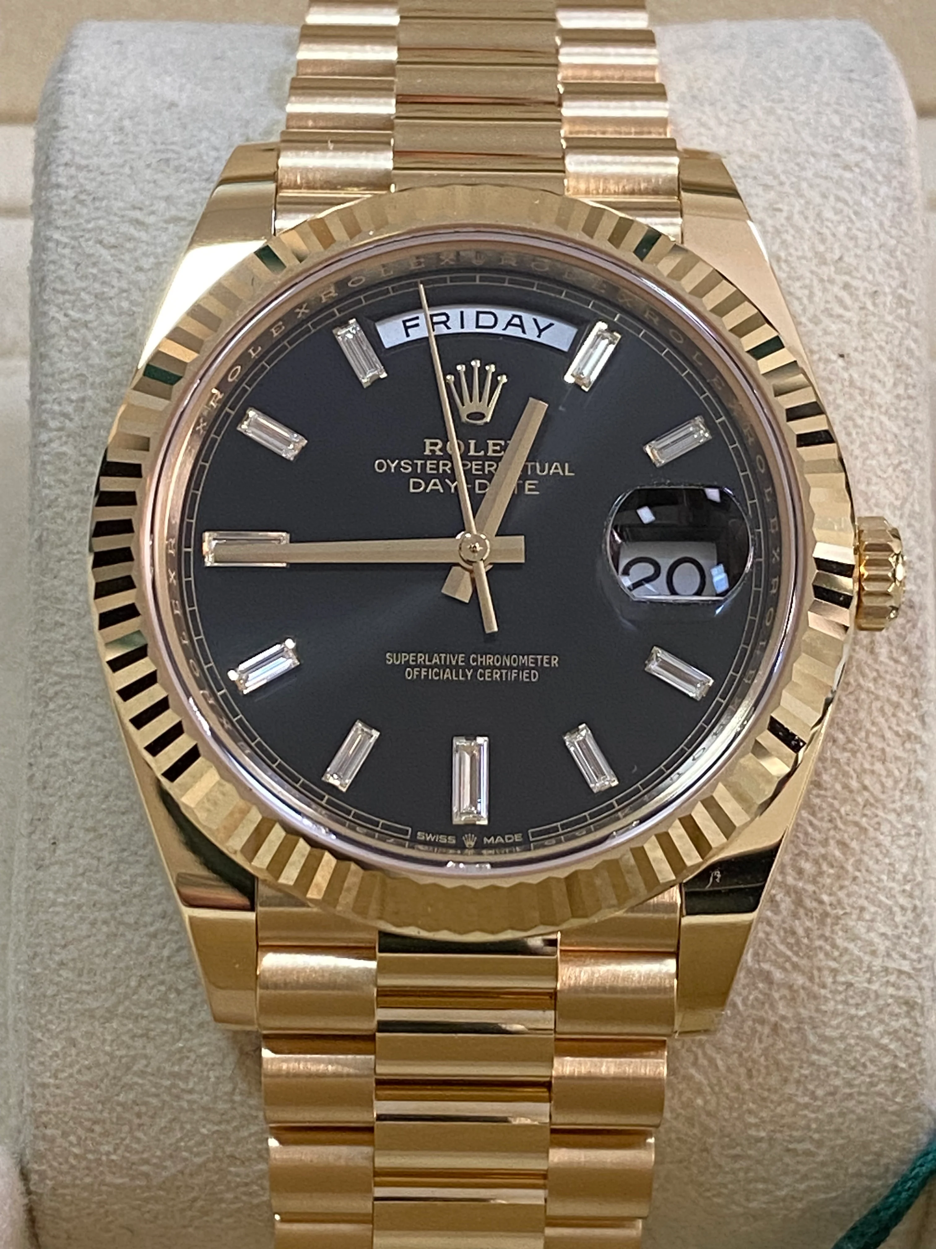 Rolex Yellow Gold Day-Date 40 - 2023 - Fluted Bezel - Black Baguette Diamond Dial - President Bracelet - 228238