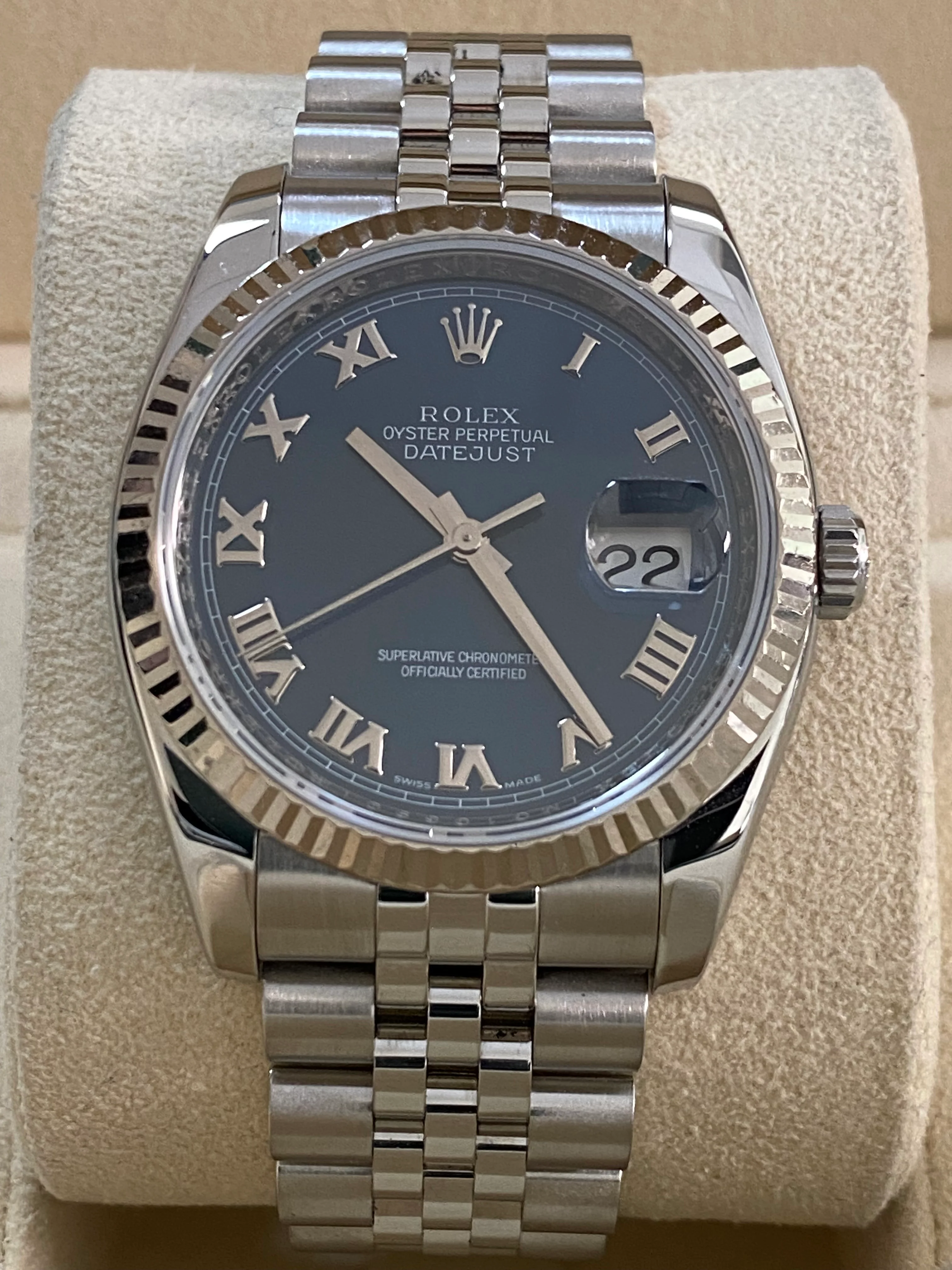 Rolex Steel Datejust 36 - 2007 - Fluted Bezel - Blue Roman Dial - Jubilee Bracelet - 116234