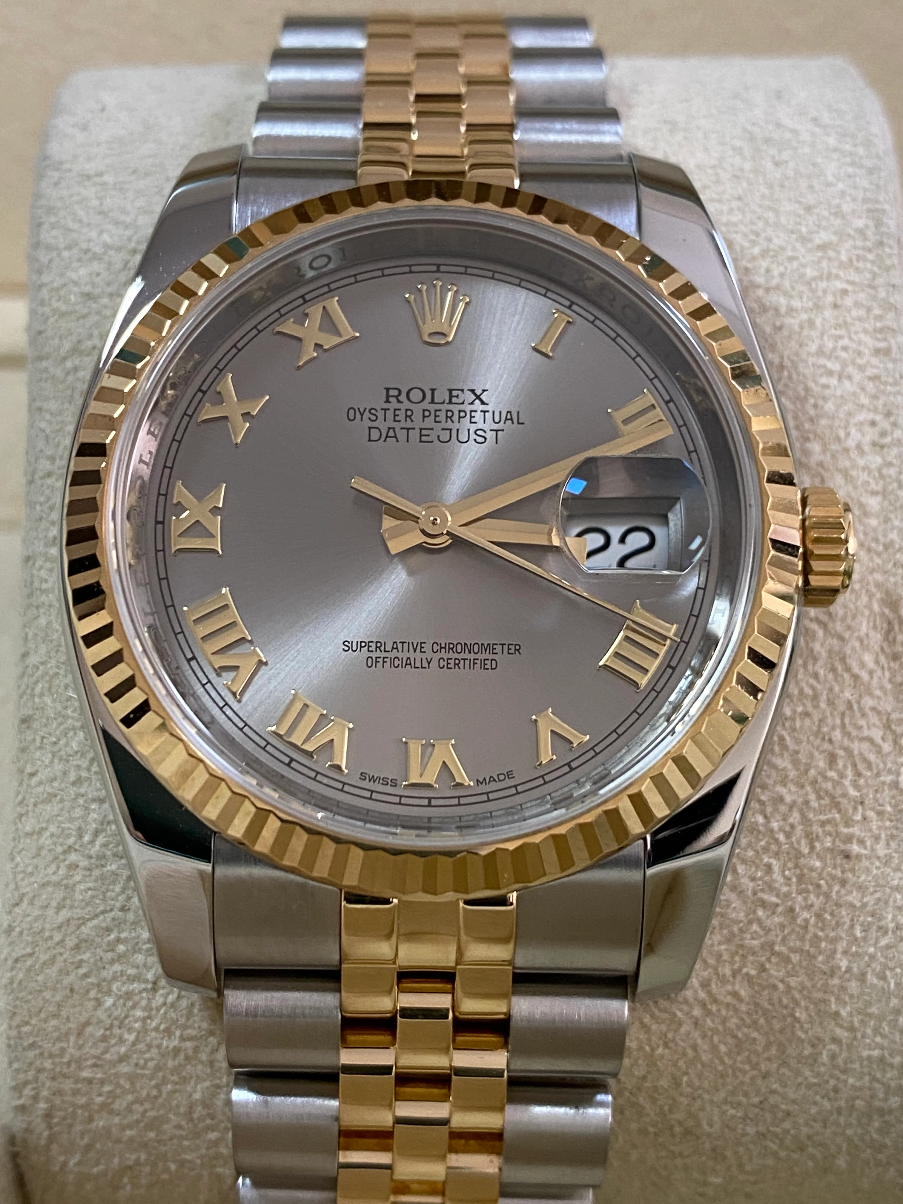Rolex Steel and Yellow Gold Datejust 36 - 2014 - Fluted Bezel - Slate Grey Roman Dial - Jubilee Bracelet - 116233 *FULL SET*