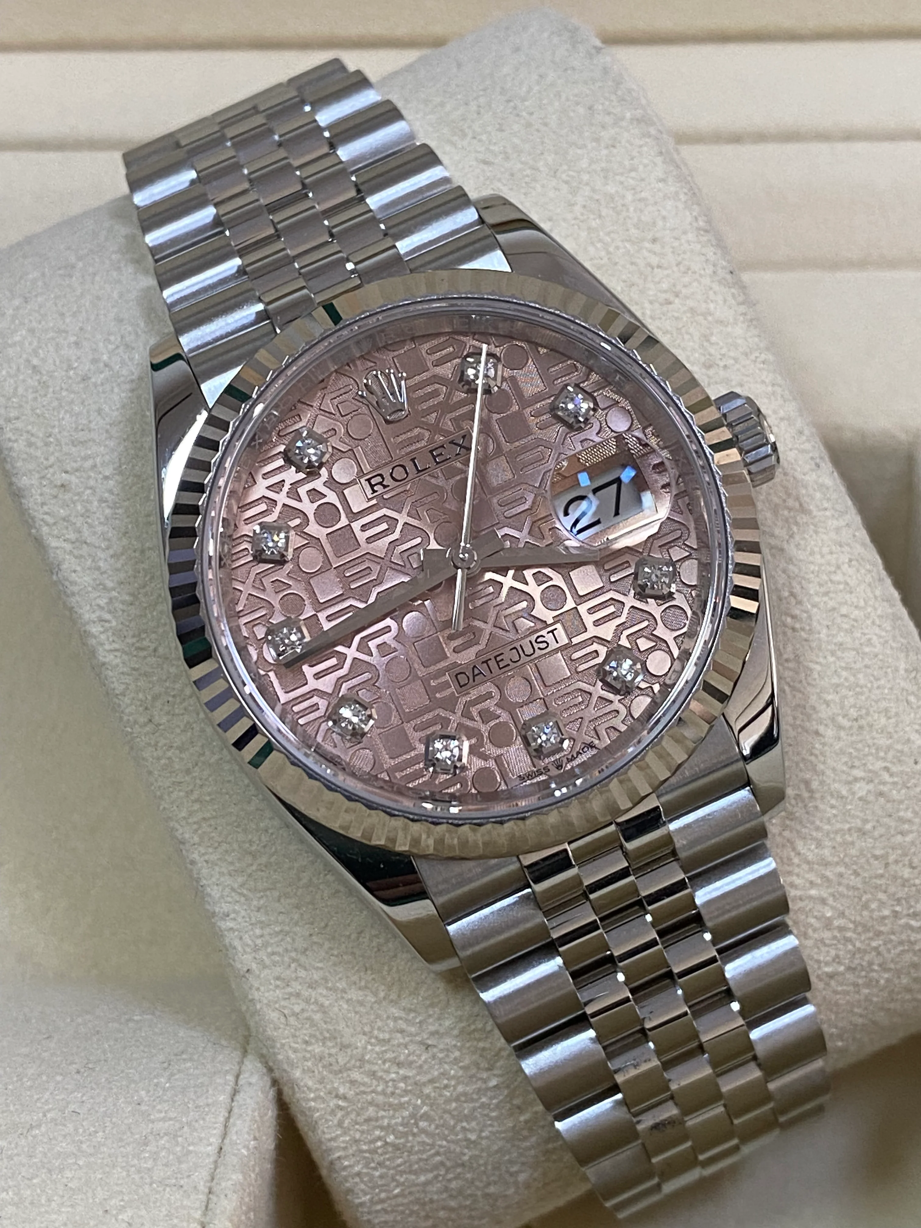 Rolex Steel Datejust 36 - 2023 - Fluted Bezel - Pink Anniversary Diamond Dial - Jubilee Bracelet - 126234