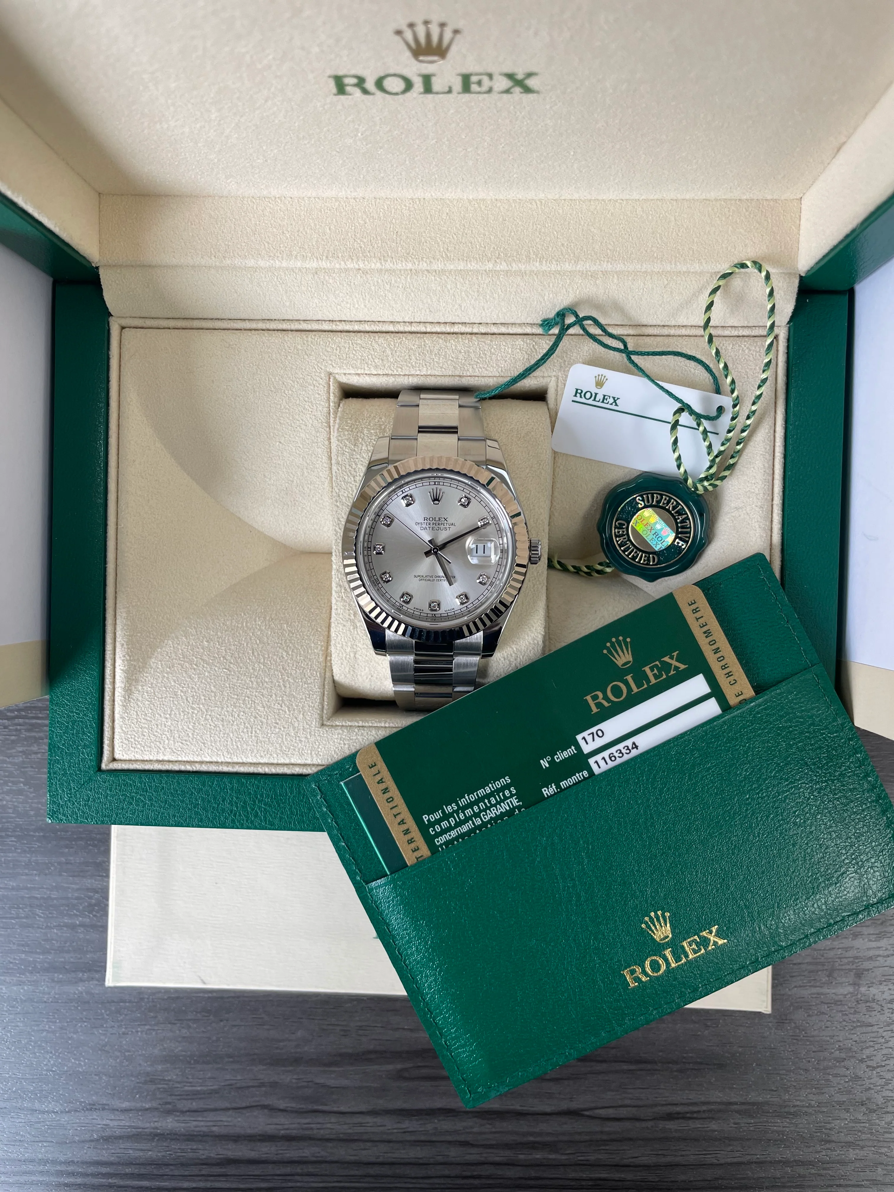 Rolex Steel Datejust II - 2010 - Fluted Bezel - Silver Diamond Dial - Oyster Bracelet - 116334