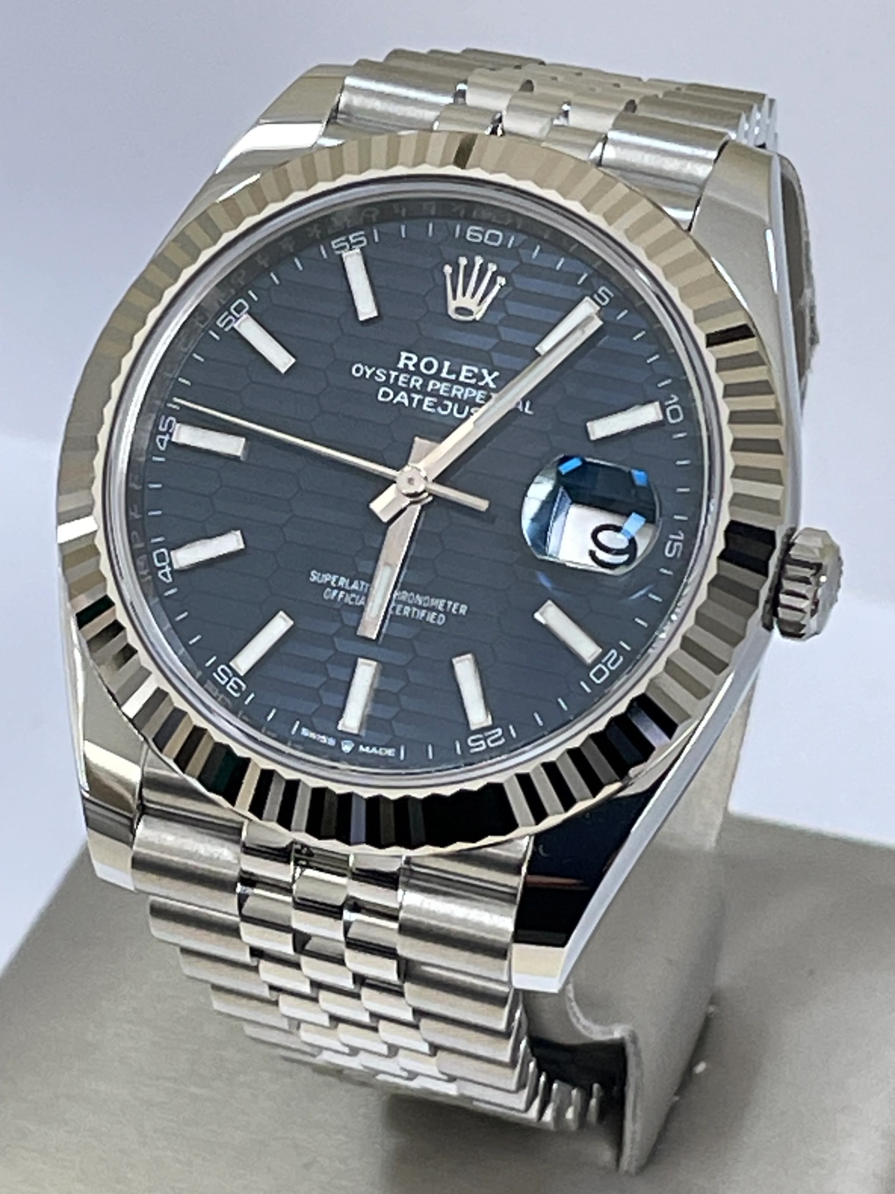 Rolex Steel and White Gold Datejust 41 - 2023 - Fluted Bezel - Bright Blue Motif Dial - Jubilee Bracelet - 126334