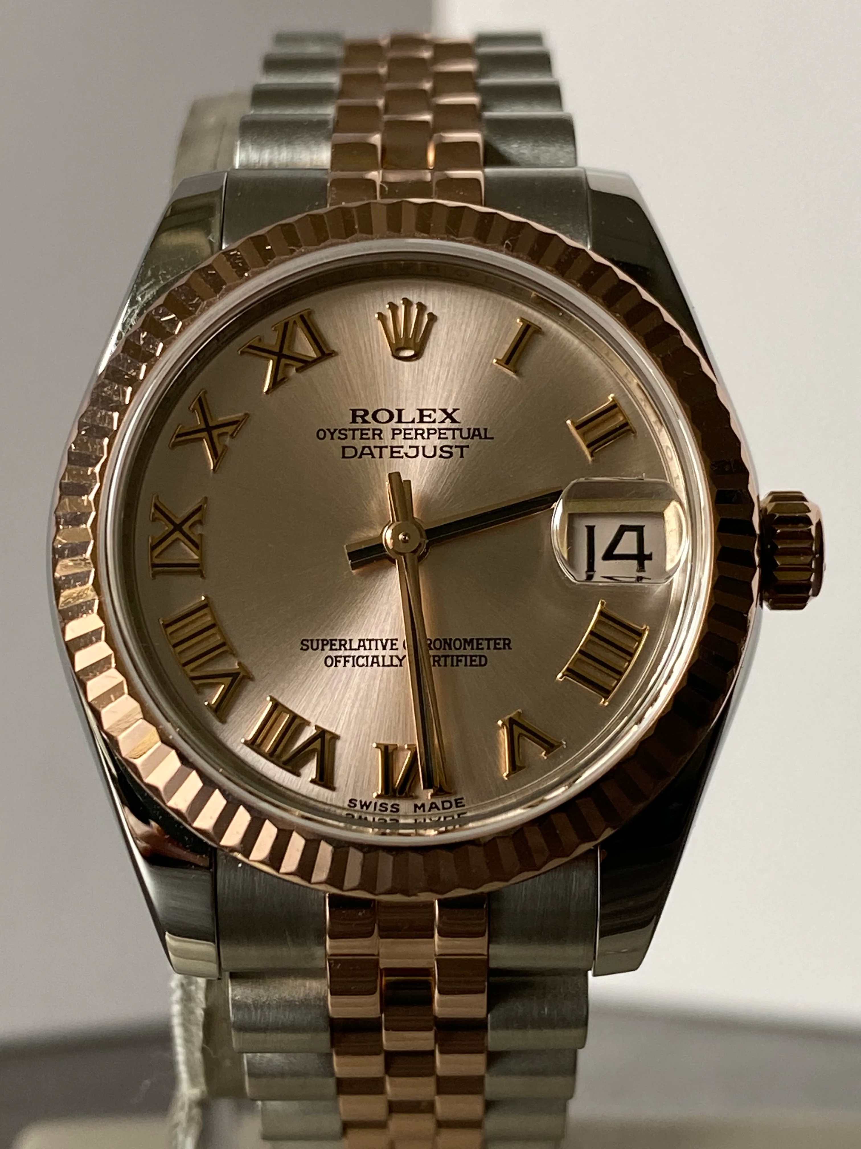 Rolex Steel and Everose Gold Datejust 31 - 2014 - Fluted Bezel - Pink Roman Dial Dial - Jubilee Bracelet - 178271