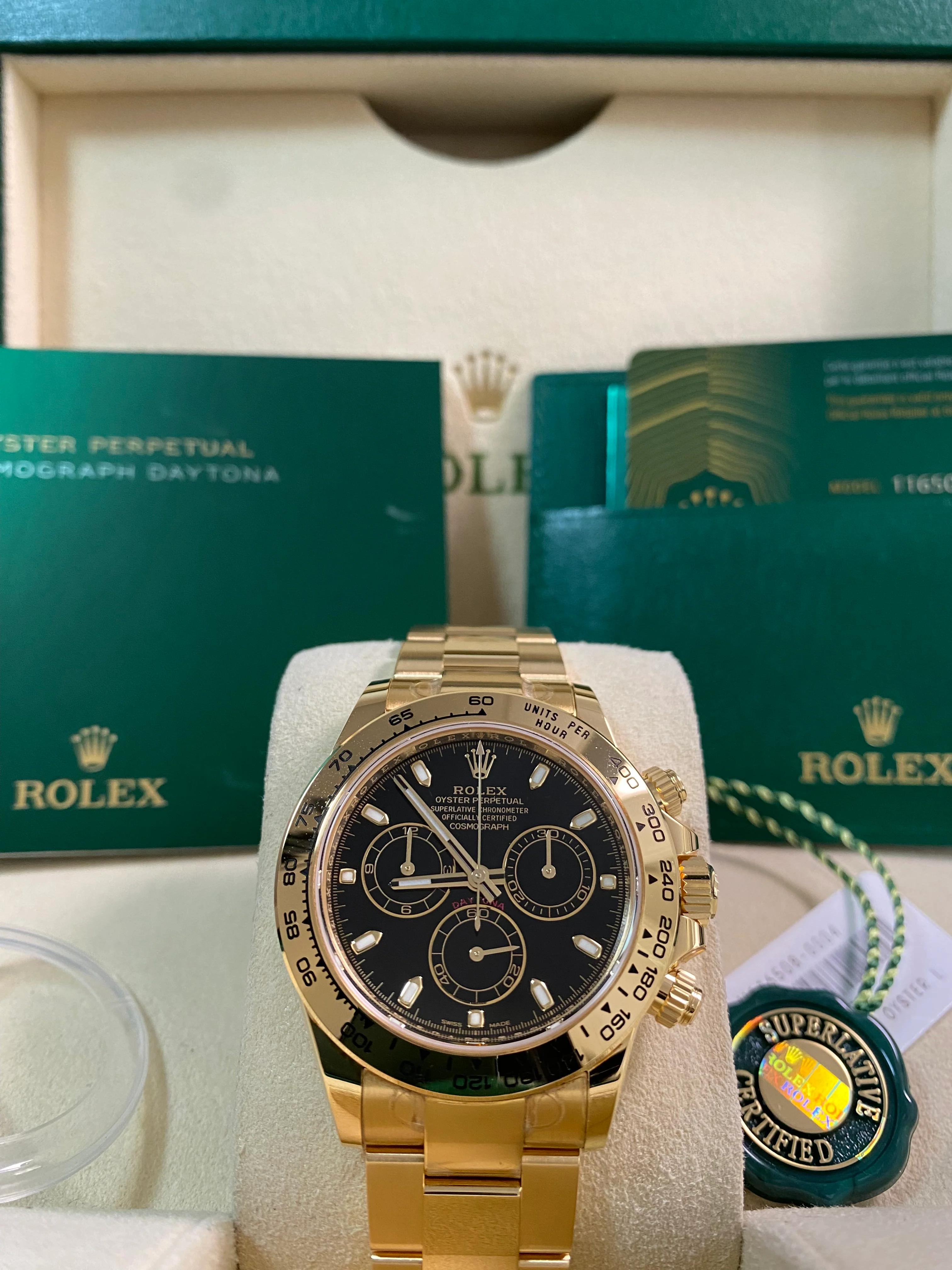 Rolex Yellow Gold Cosmograph Daytona - 2023 - Black Index Dial - 116508 *MOST STICKERS*