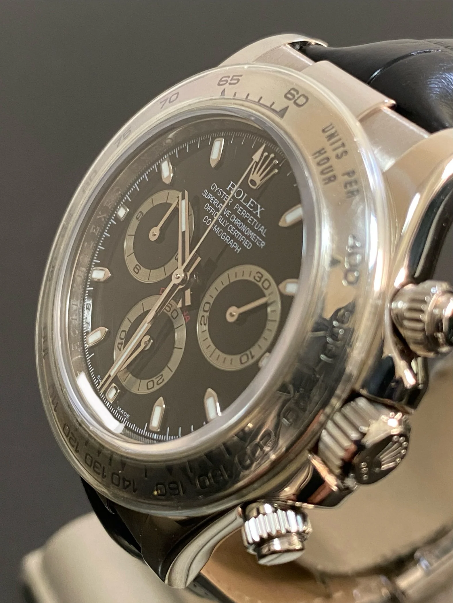 Rolex White Gold Cosmograph Daytona - 2007 - Black Dial - New Black Leather Strap - 116519 FULL SET