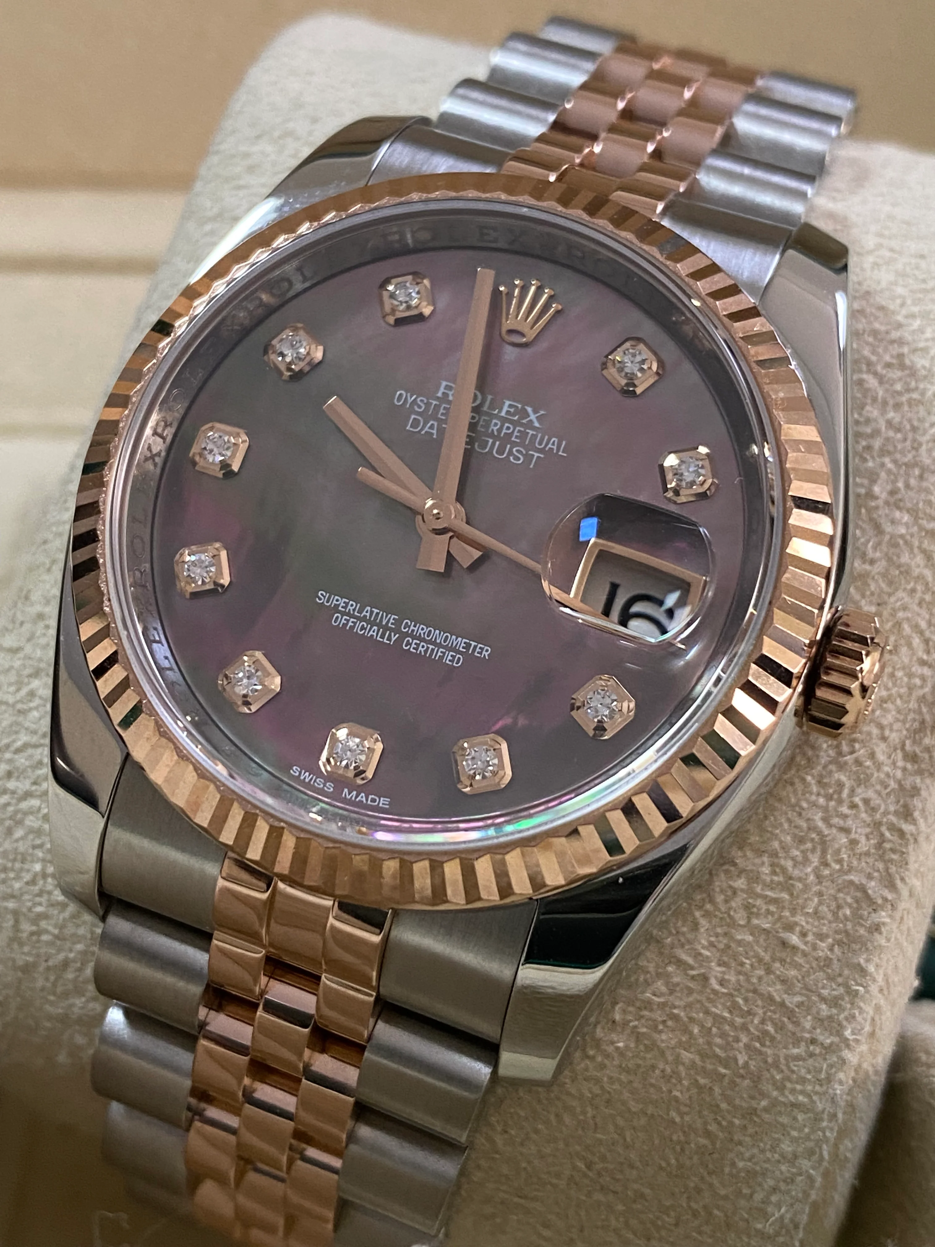 Rolex Steel and Everose Gold Datejust 36 - 2016 - Fluted Bezel - Tahitian Mother of Pearl Diamond Dial - Jubilee Bracelet - 116231 *FULL SET*