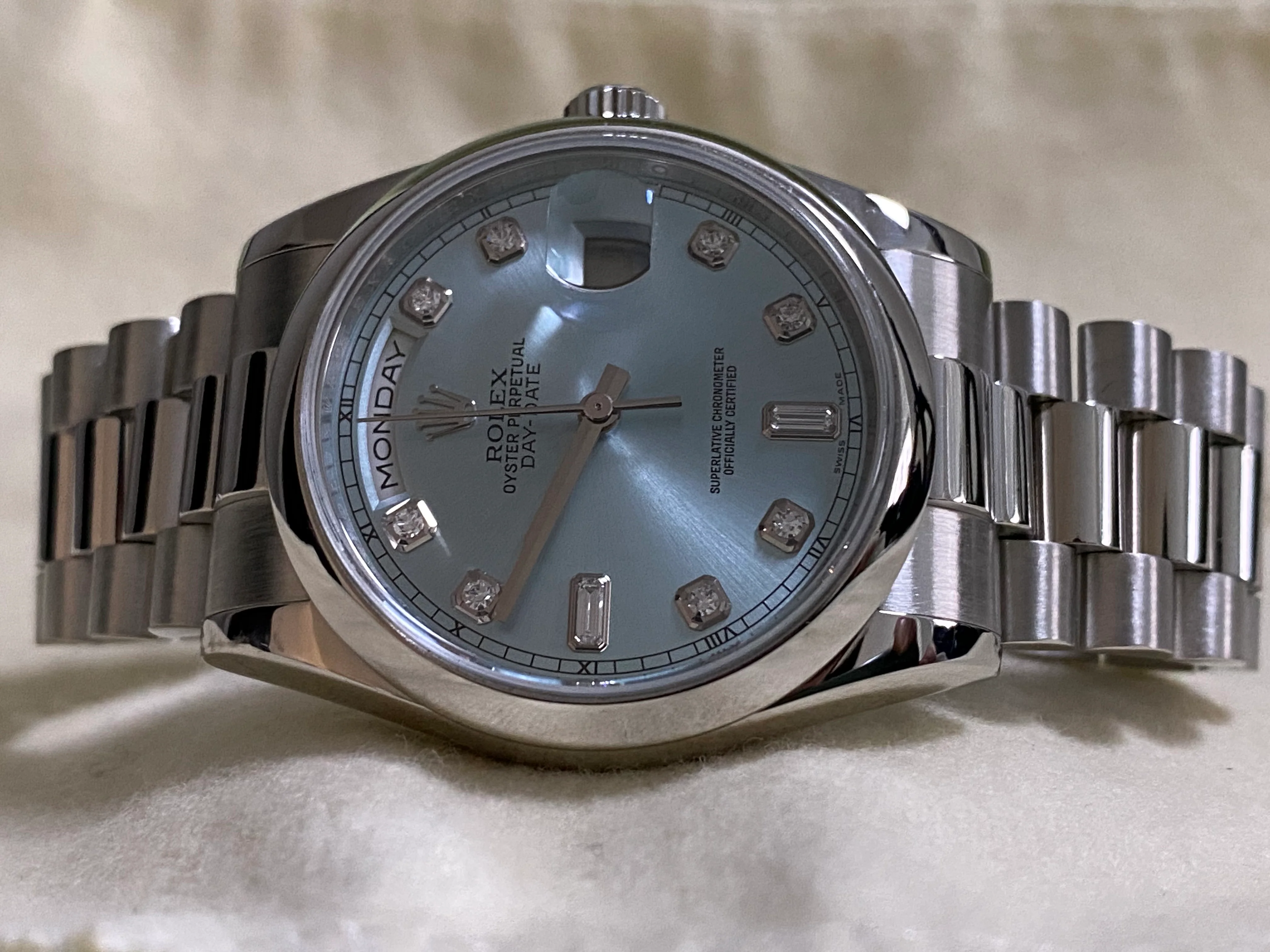 Rolex Platinum Day-Date 36 - G Serial - Domed Bezel - Ice Blue Diamond Dial - President Bracelet - 118206