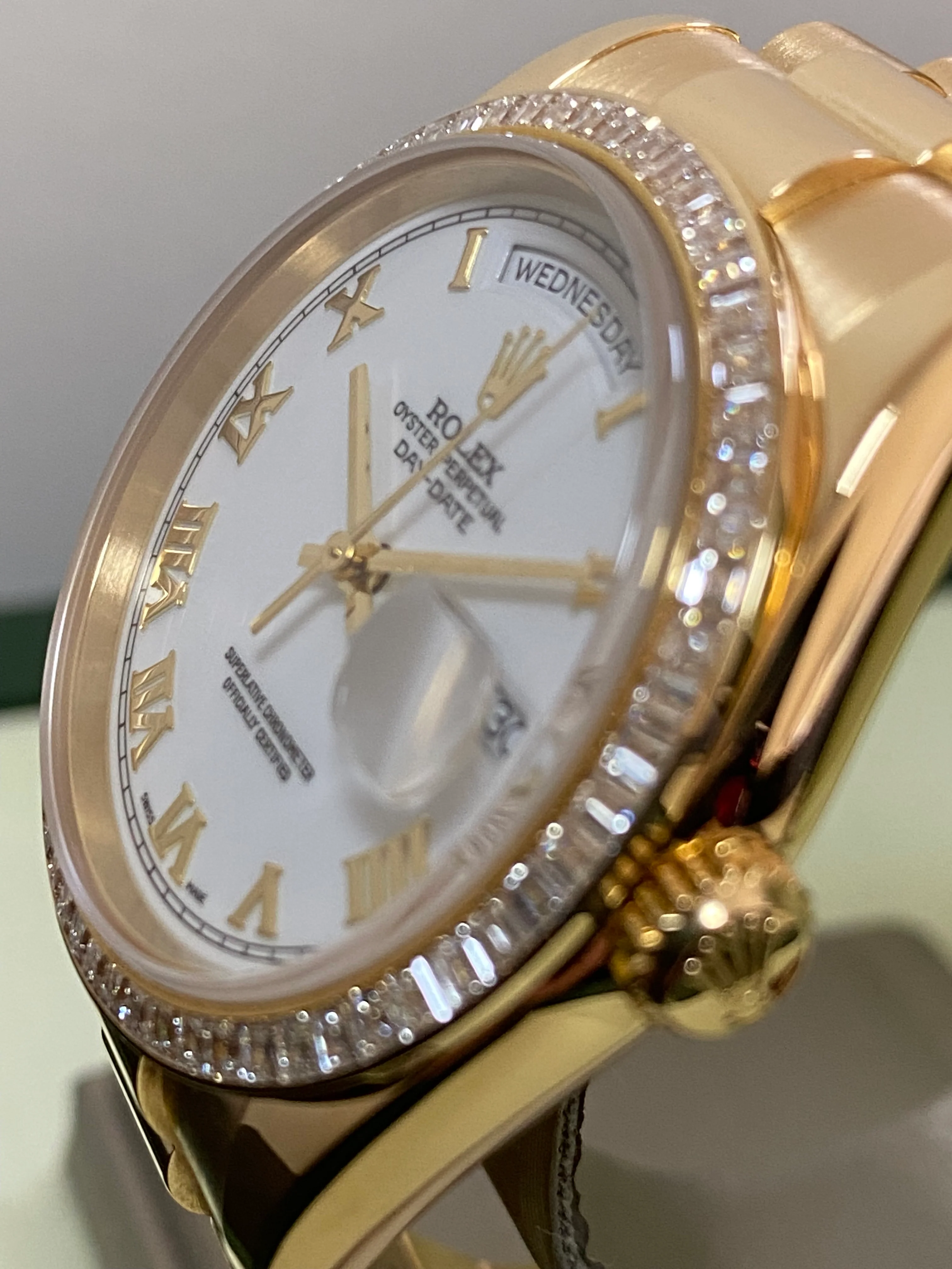 Rolex Yellow Gold Day-Date 36 - P Serial - Baguette Diamond Bezel - White Roman Dial - President Bracelet - 118398BR