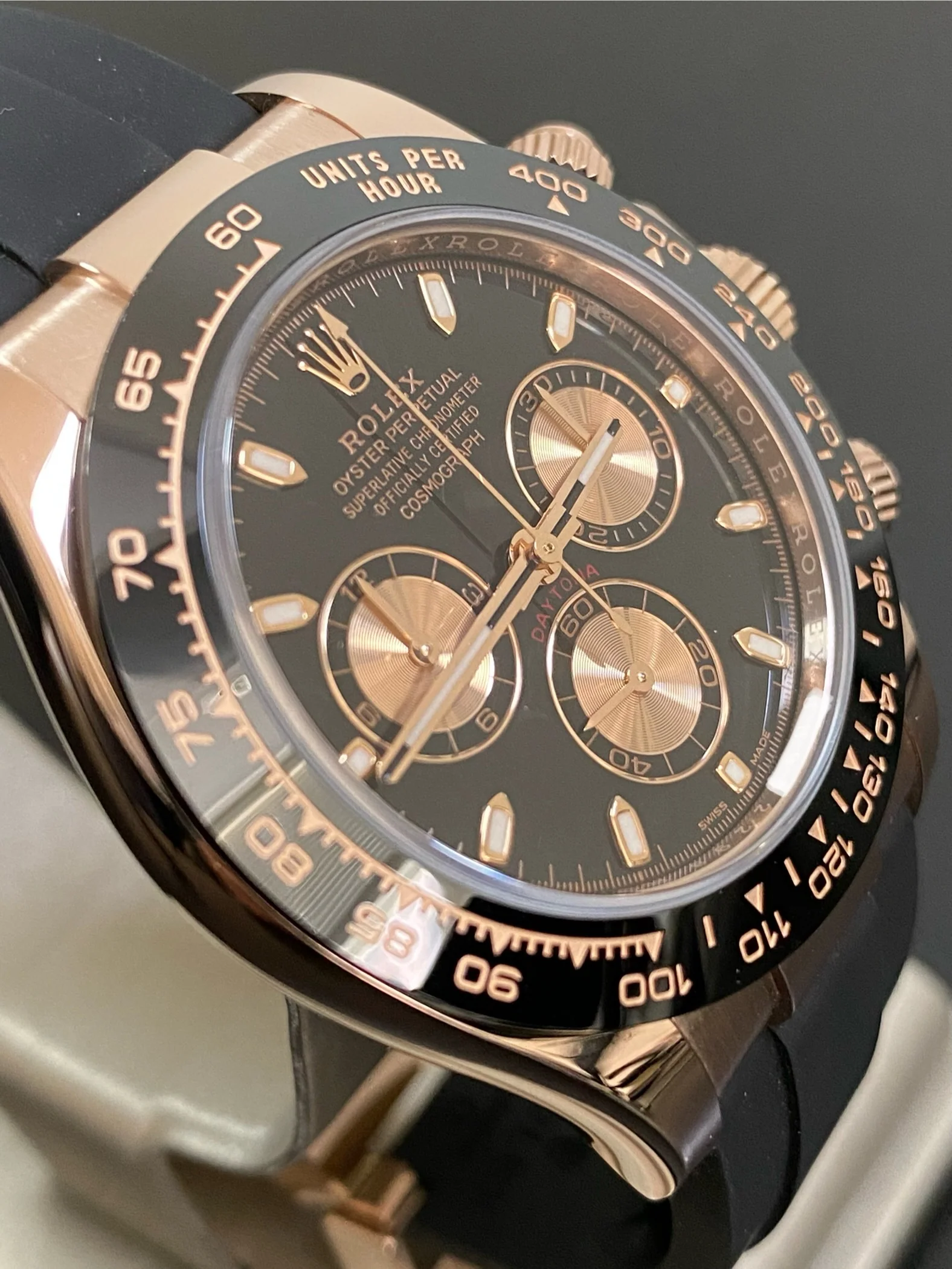 Rolex Everose Gold Cosmograph Daytona - 2022 - Black Index Dial - Black Oysterflex Strap - 116515LN