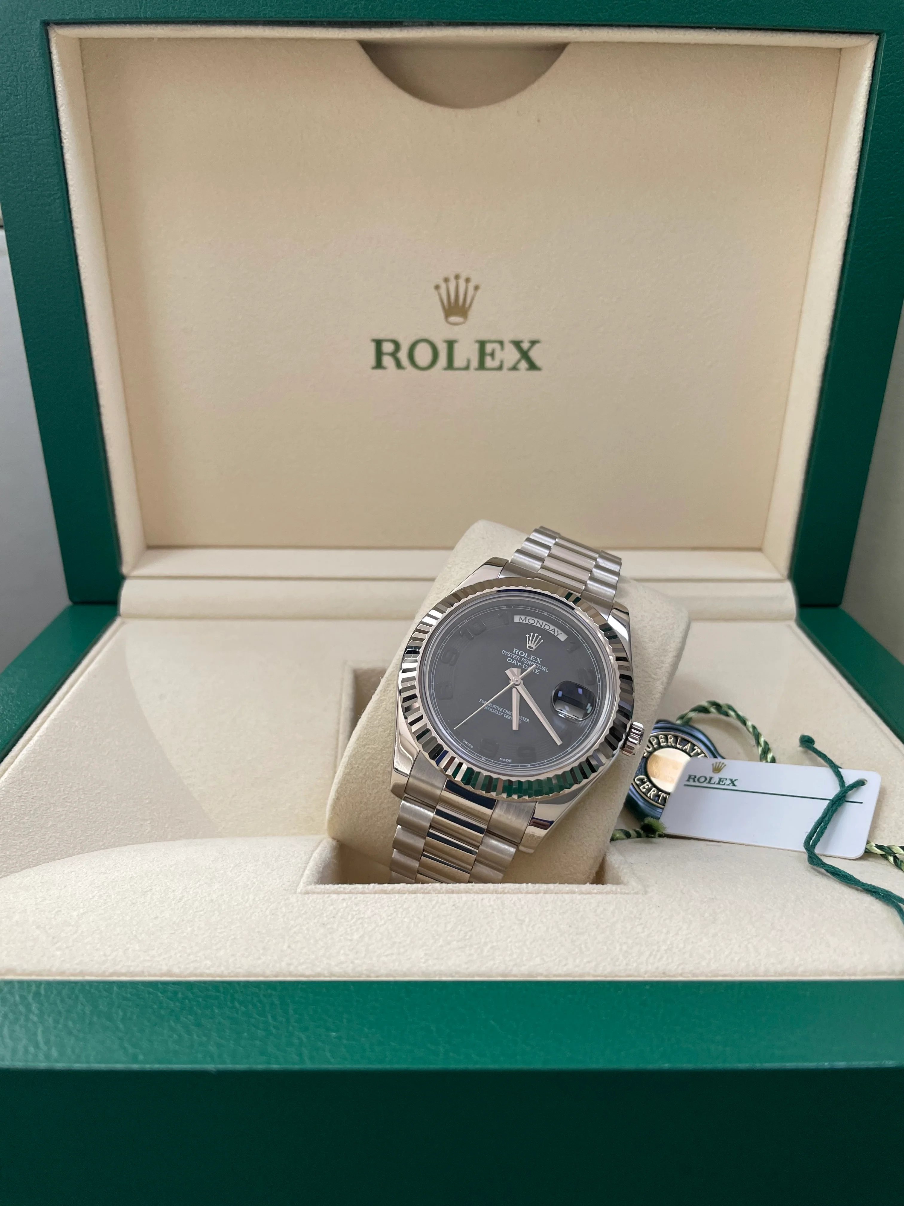 Rolex White Gold Day-Date II - 2017 - Fluted Bezel - Black Concentric Dial - President Bracelet - 218239