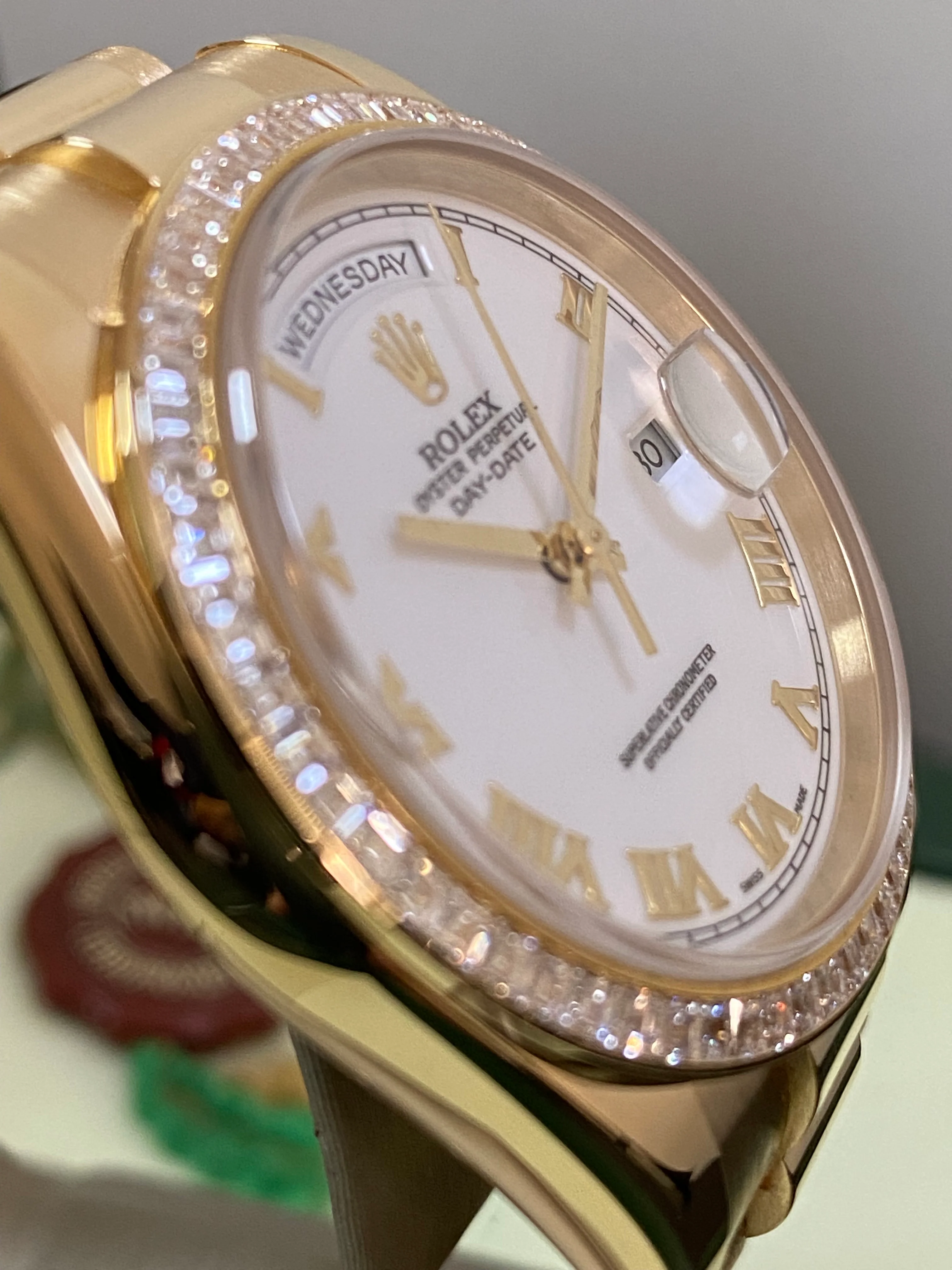 Rolex Yellow Gold Day-Date 36 - P Serial - Baguette Diamond Bezel - White Roman Dial - President Bracelet - 118398BR