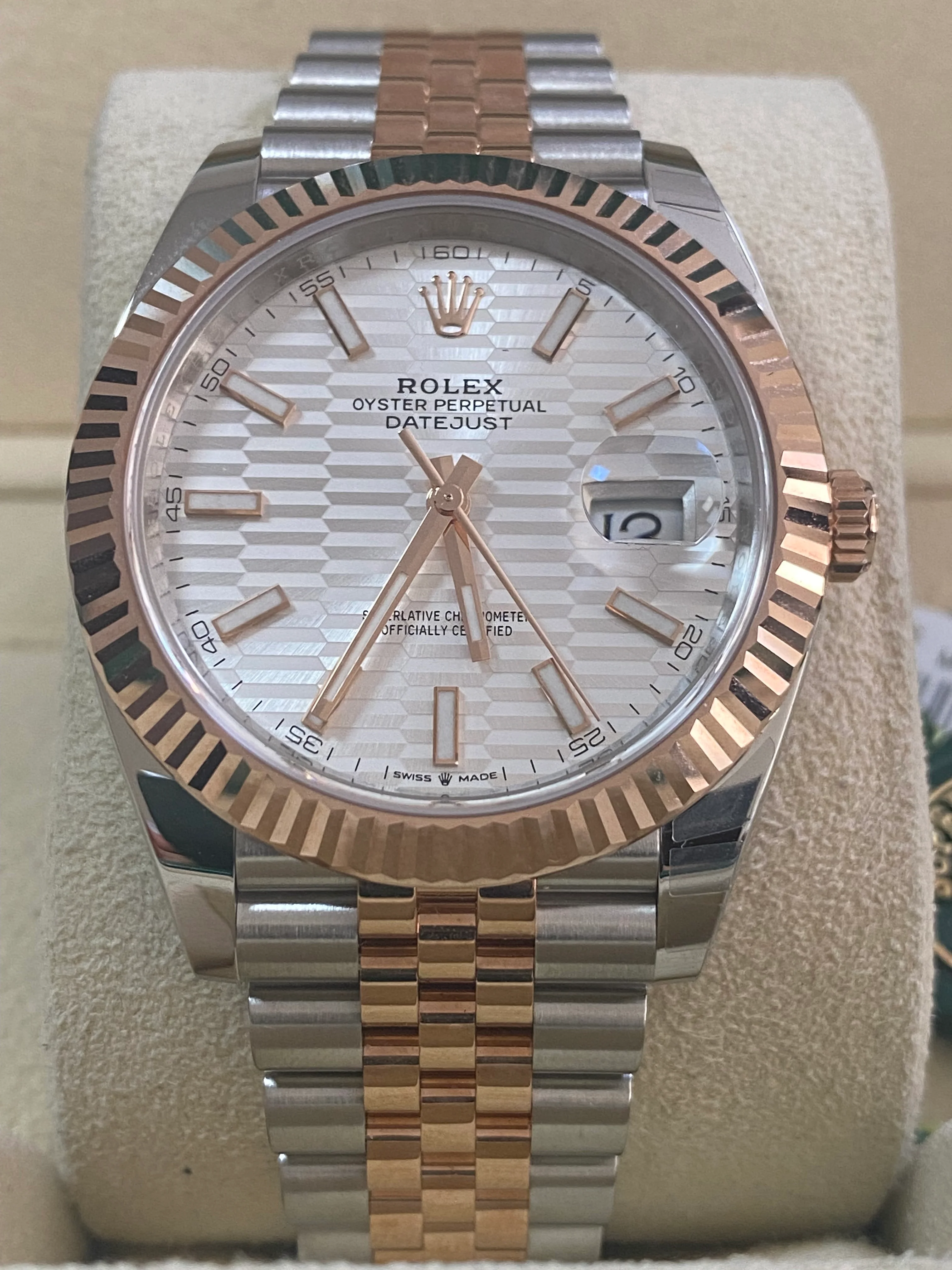 Rolex Steel and Everose Gold Datejust 41 - 2023 - Fluted Bezel - Silver Fluted-Motif Dial - Jubilee Bracelet - 126331 *PARTIAL STICKERS*