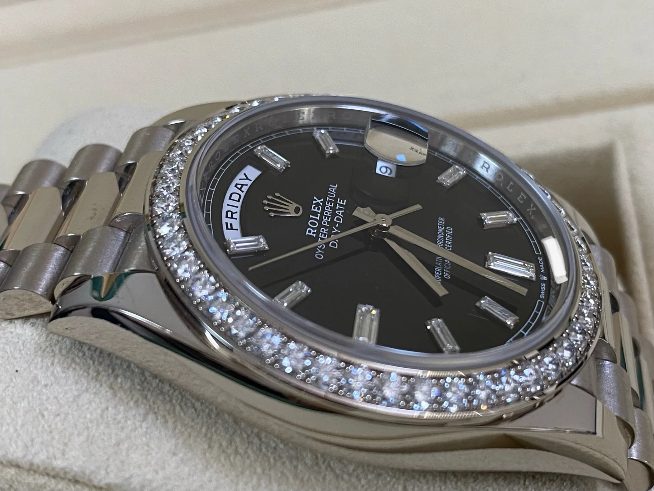 Rolex White Gold Day-Date 40 - 2023 - Diamond-Set Bezel - Black Baguette Dial - President Bracelet - 228349RBR