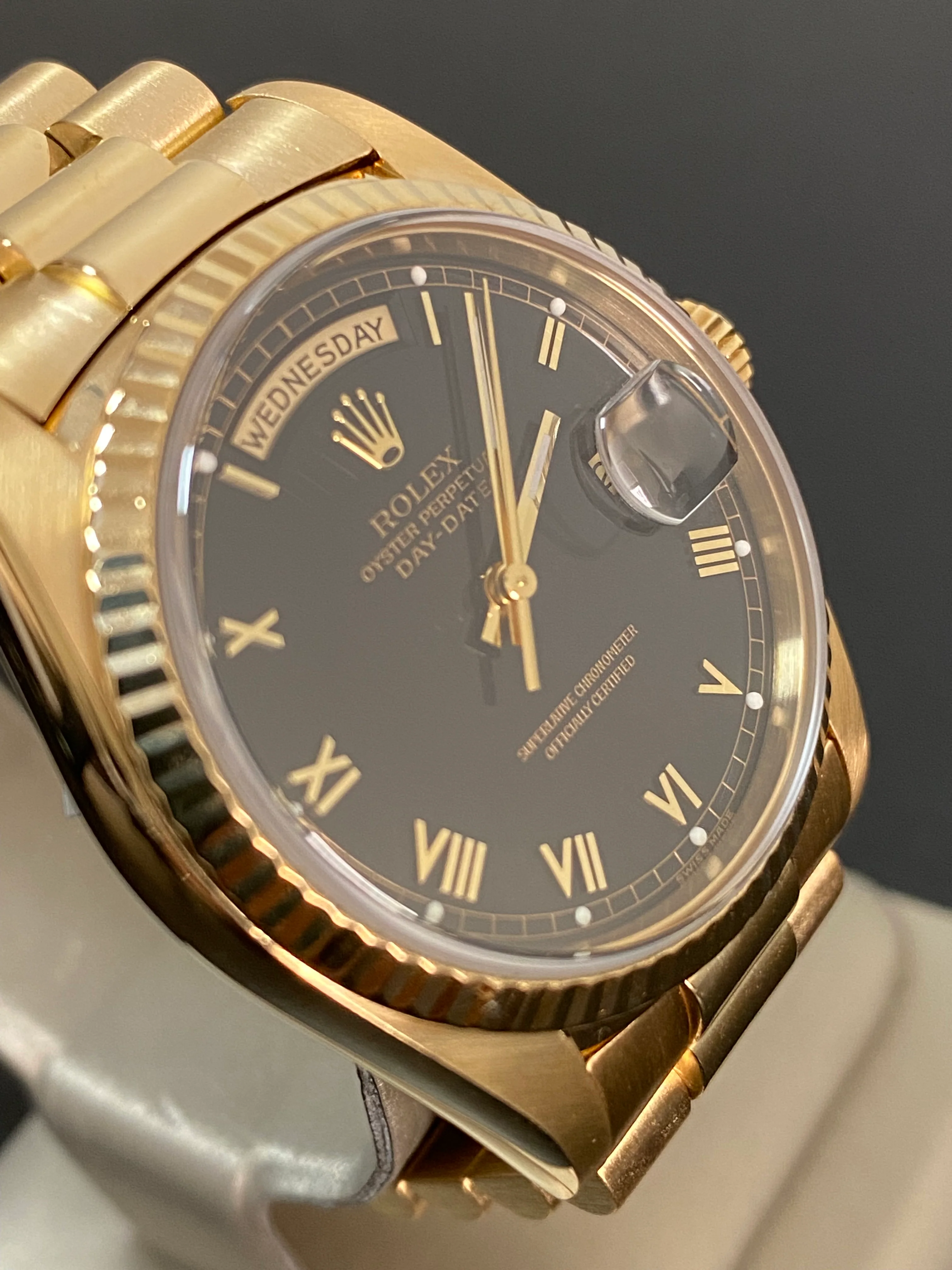 Rolex Yellow Gold Day-Date 36 - E serial - Fluted Bezel - Black Roman Dial - Double Quickset - President Bracelet - 18238