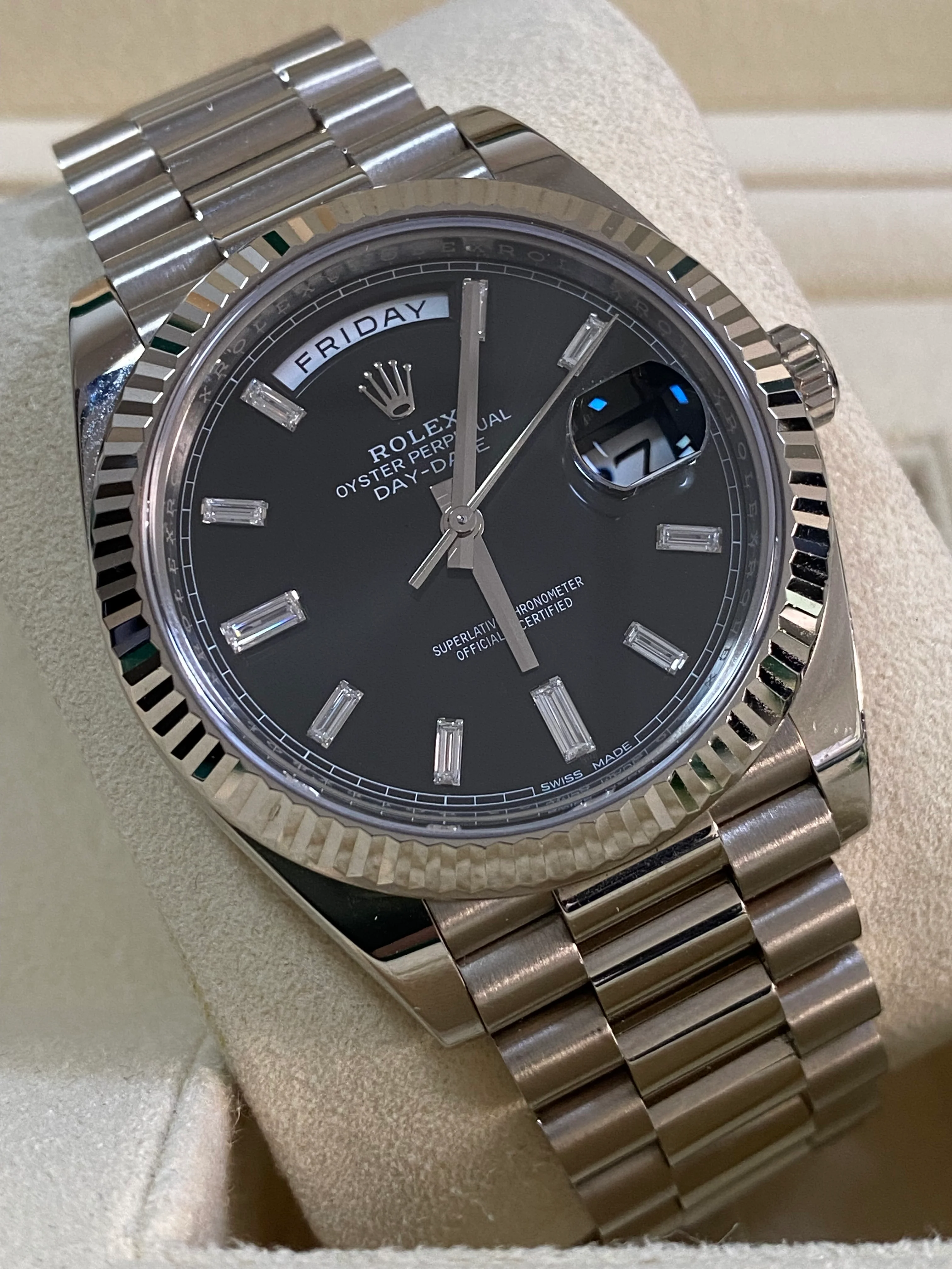 Rolex White Gold Day-Date 40 - 2021 - Fluted Bezel - Black Baguette Diamond Dial - President Bracelet - 228239