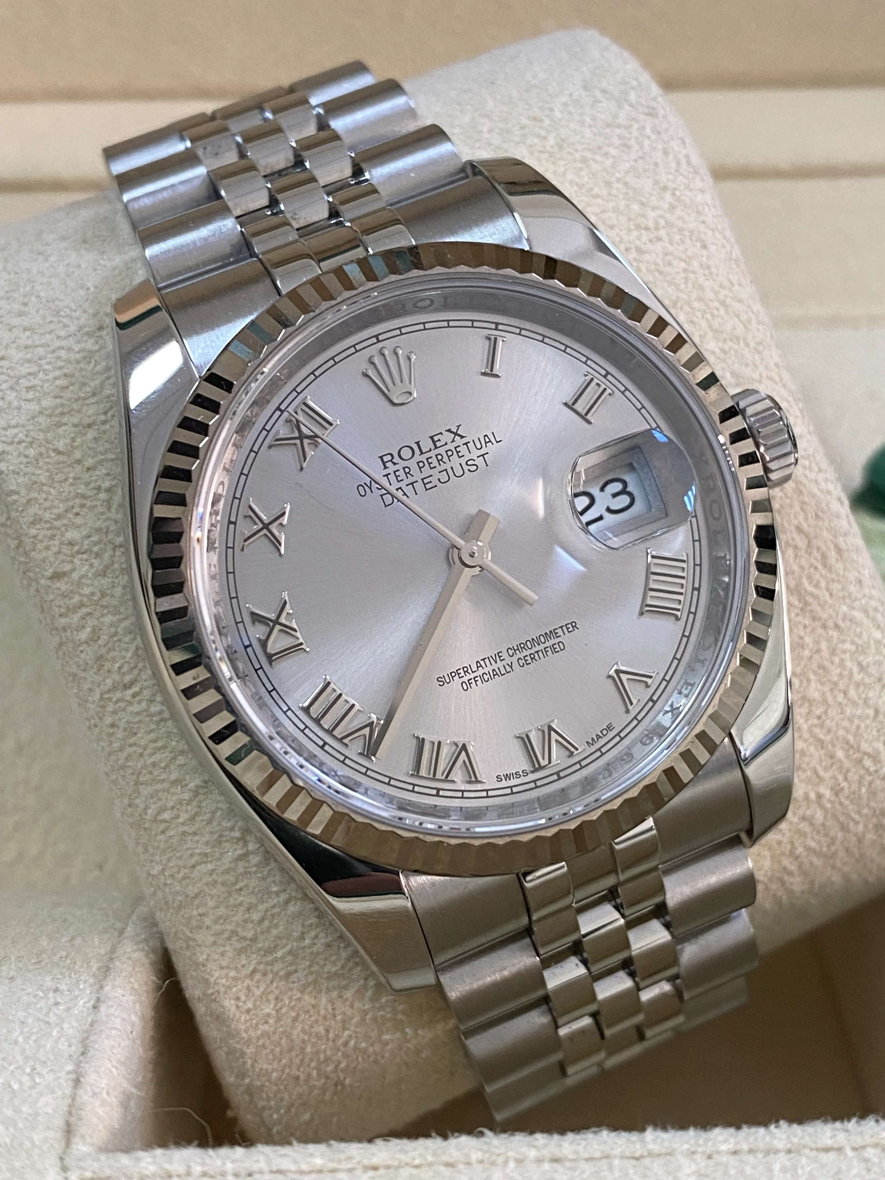 Rolex Steel Datejust 36 - 2016 - Fluted Bezel - Rhodium Roman Dial - Jubilee Bracelet - 116234