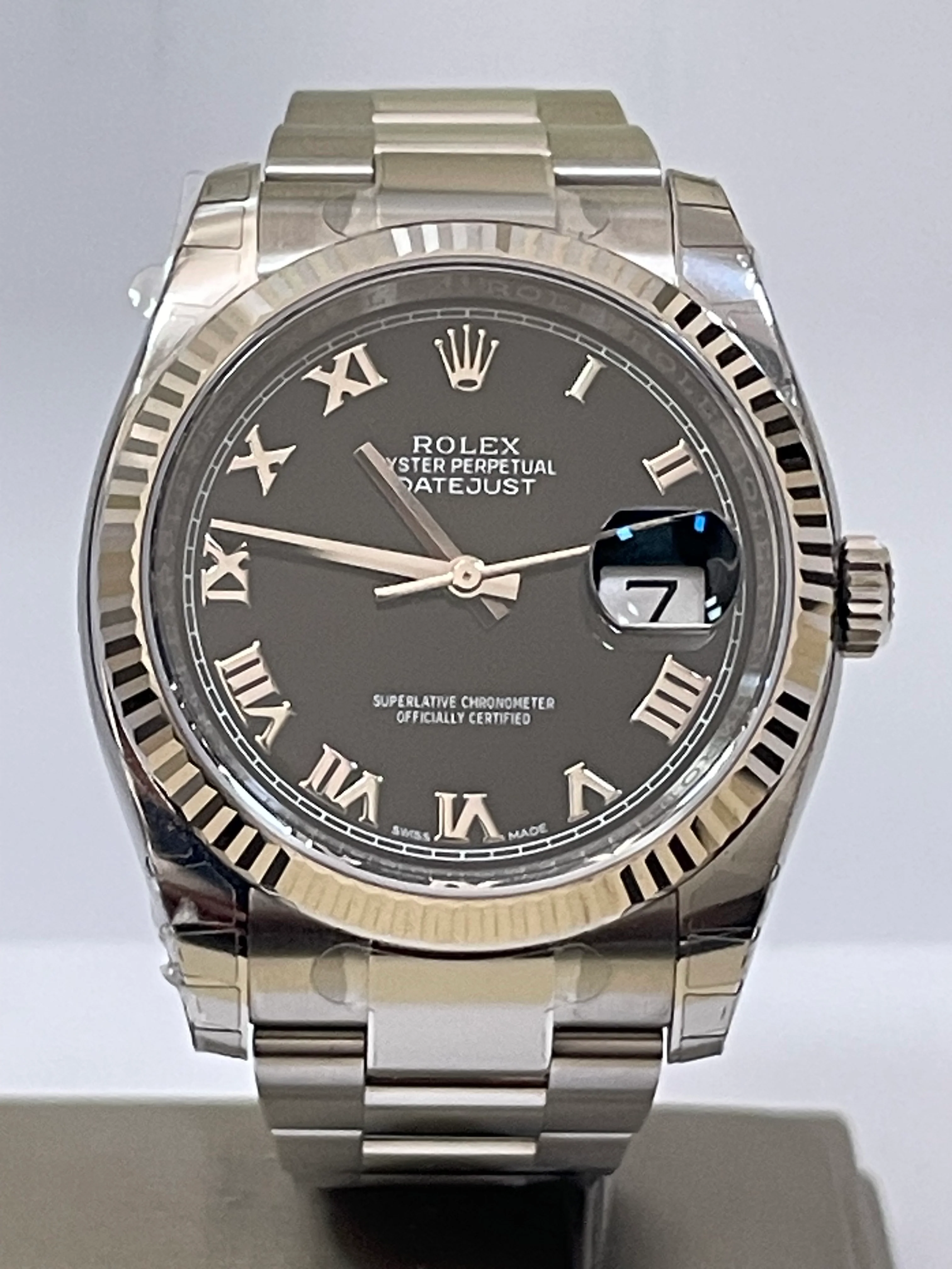 Rolex Steel Datejust 36 - 2018 - Fluted Bezel - Black Roman Dial - Oyster Bracelet - 116234 *FULL STICKERS*