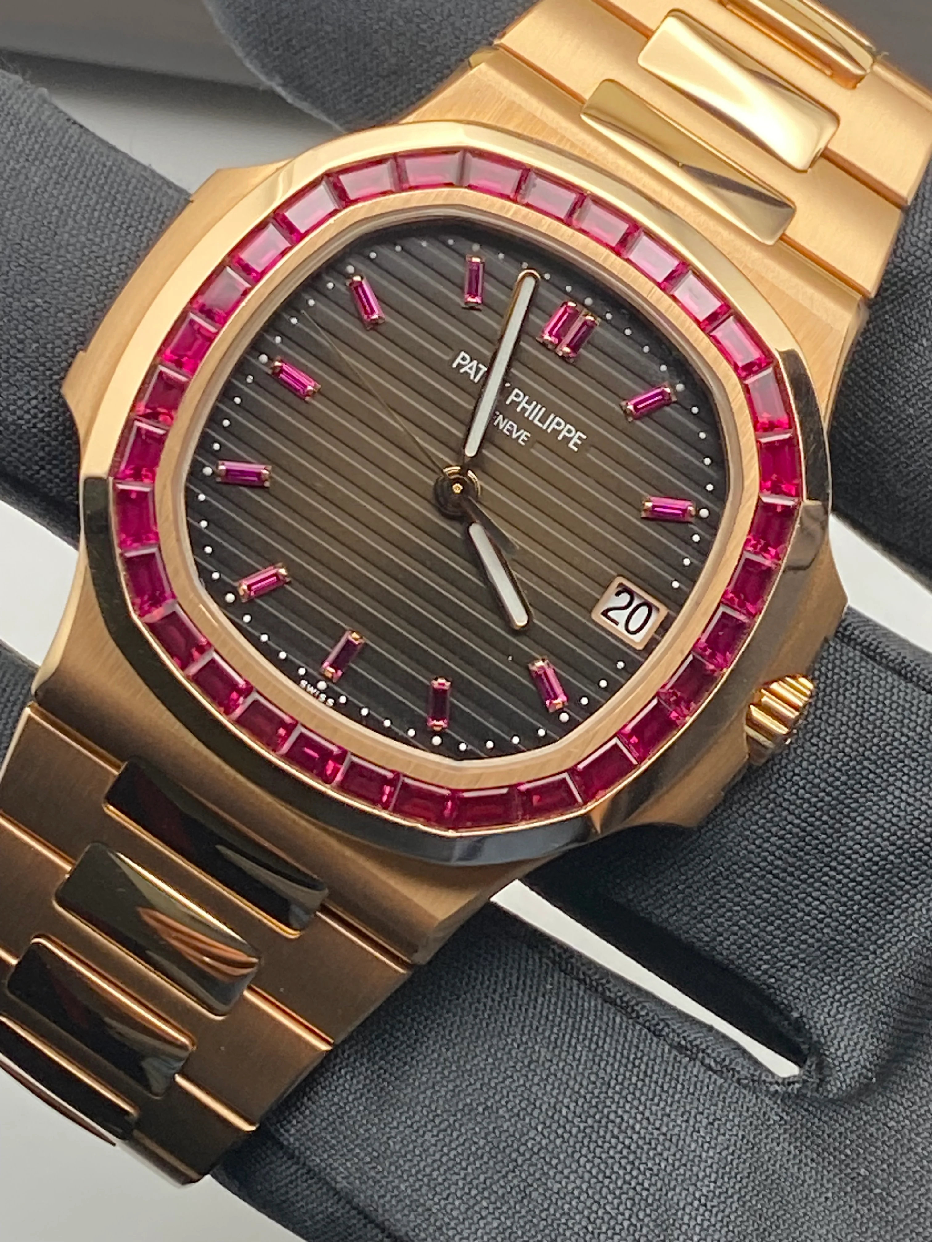 Patek Philippe Rose Gold Nautilus - 2015 - Ruby Baguette Bezel - Brown Baguette Dial - 5723/112R-001