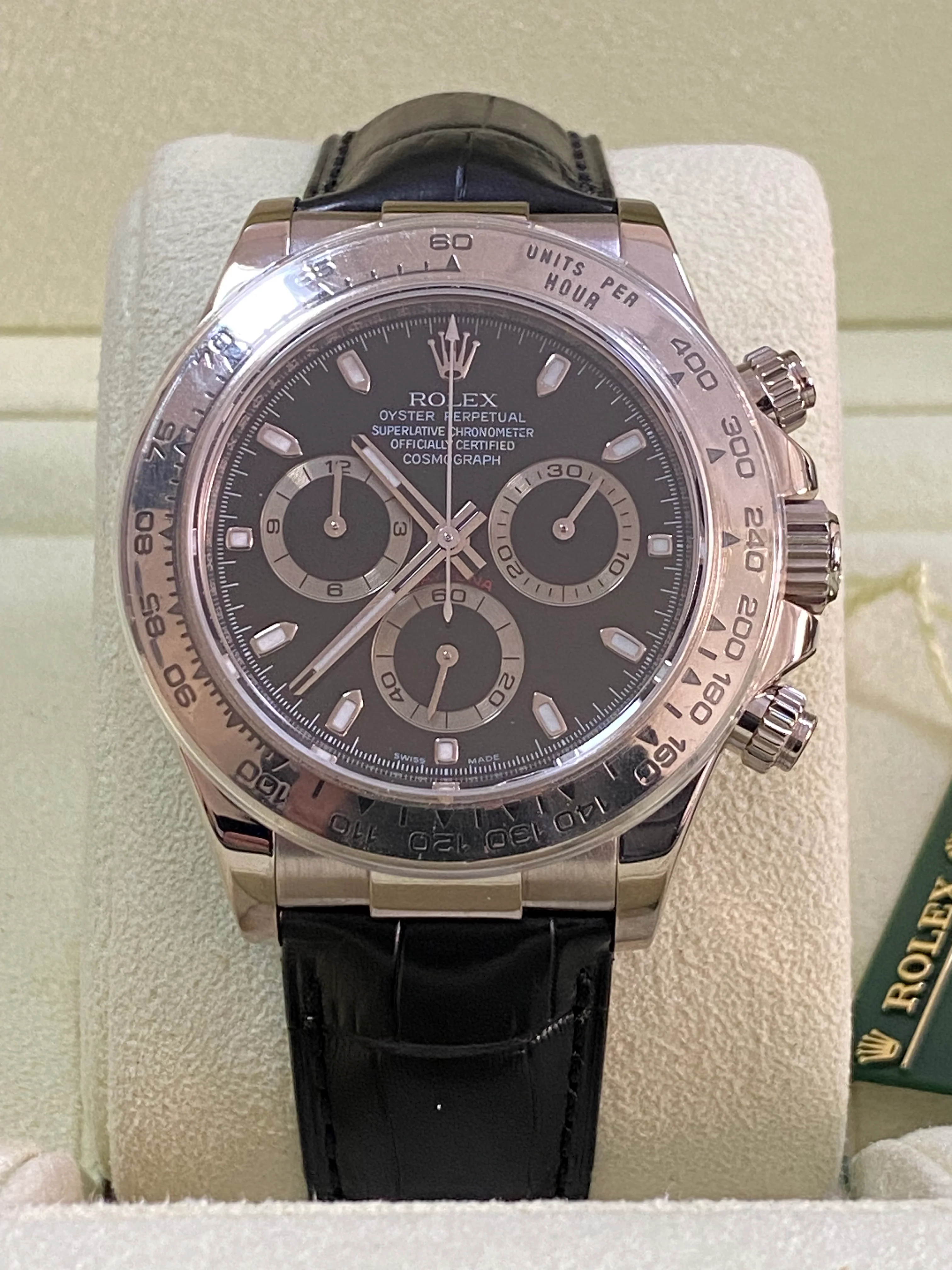 Rolex White Gold Cosmograph Daytona - 2007 - Black Dial - New Black Leather Strap - 116519 FULL SET