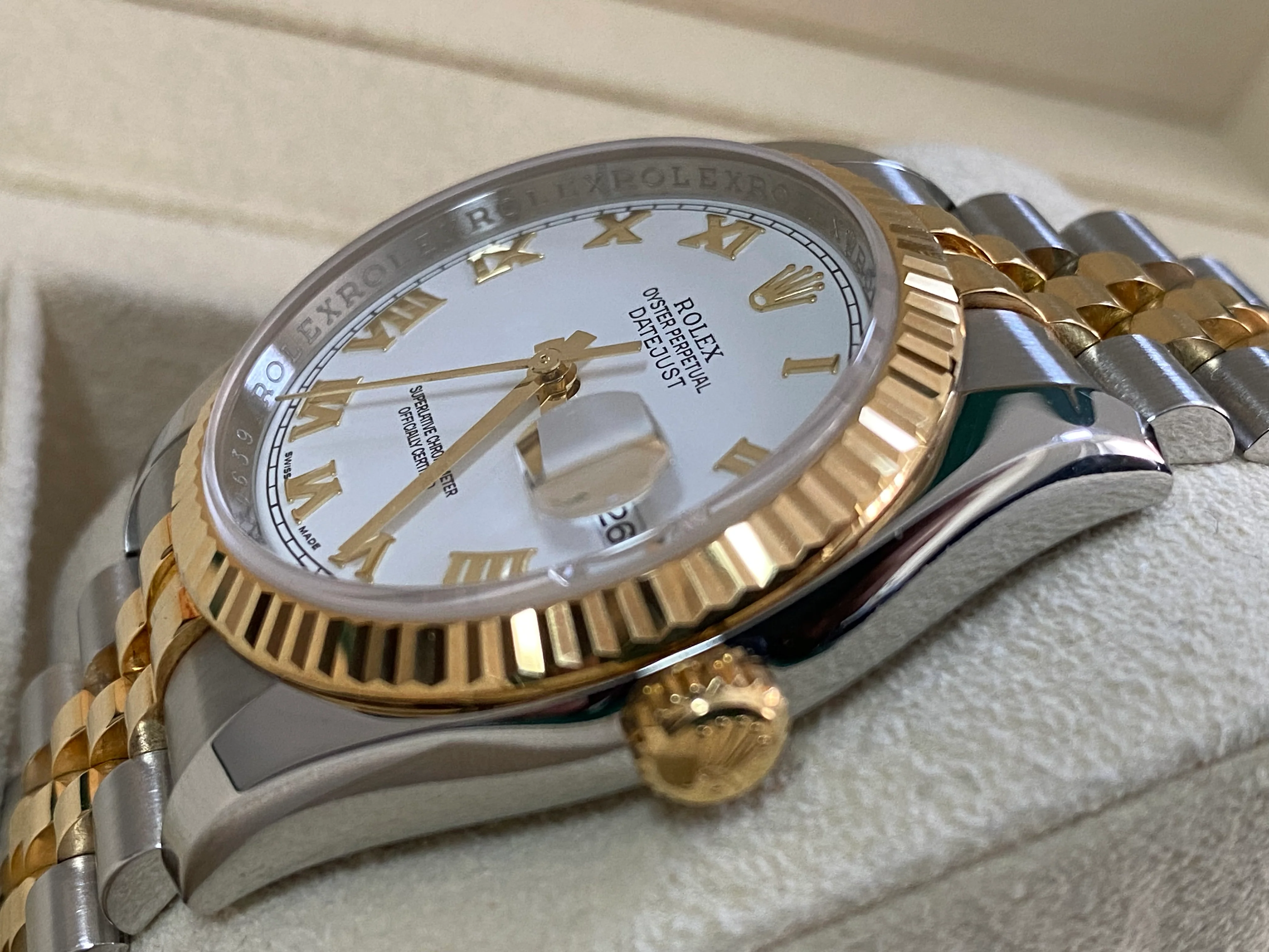 Rolex Steel and Yellow Gold Datejust 36 - 2017 - Fluted Bezel - White Roman Dial - Jubilee Bracelet - 116233 *UNPOLISHED*