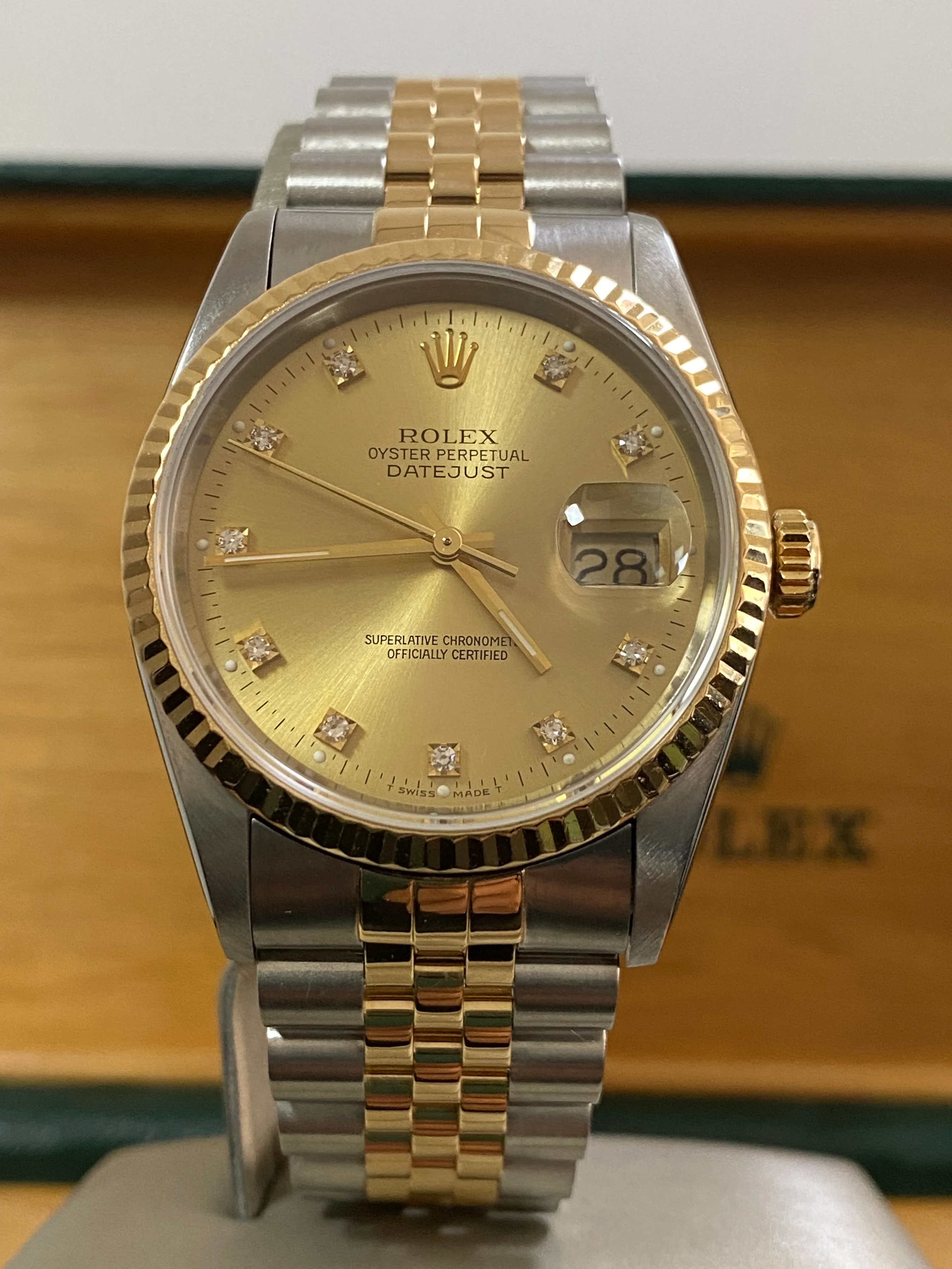 Rolex Steel and Yellow Gold Datejust 36 - X serial - Fluted Bezel - Factory Diamond Dial - Jubilee Bracelet - 16233