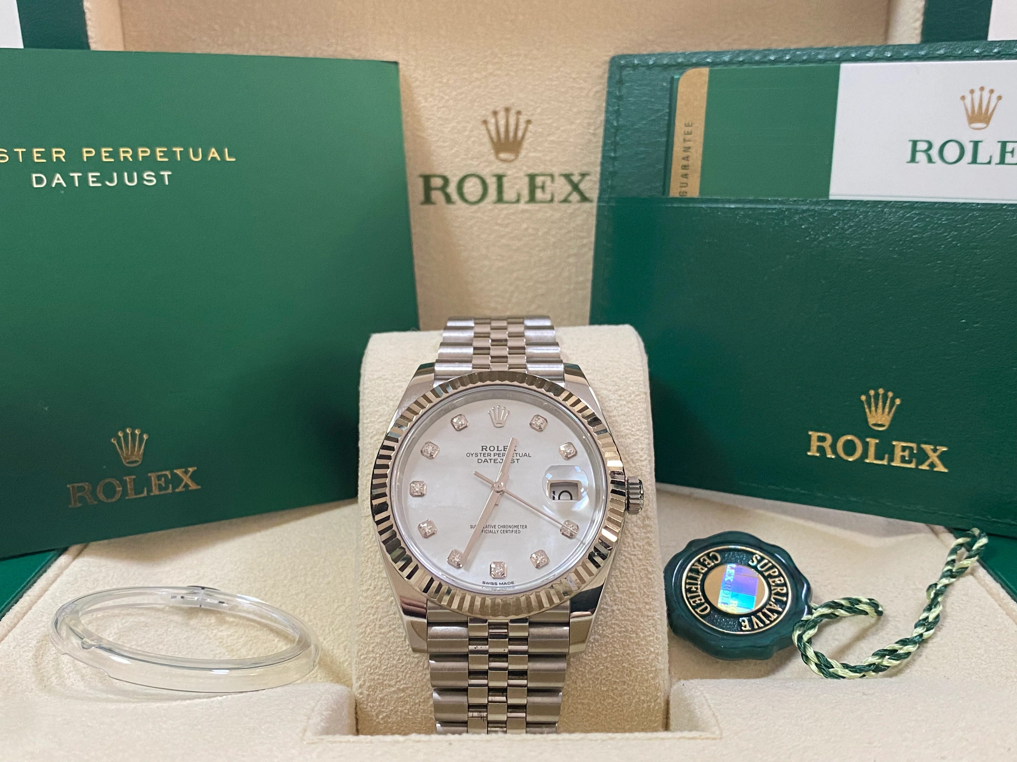 Rolex Steel and White Gold Rolesor Datejust 41 - 2018 - Fluted Bezel - White Mother-Of-Pearl Diamond Dial - Jubilee Bracelet - 126334
