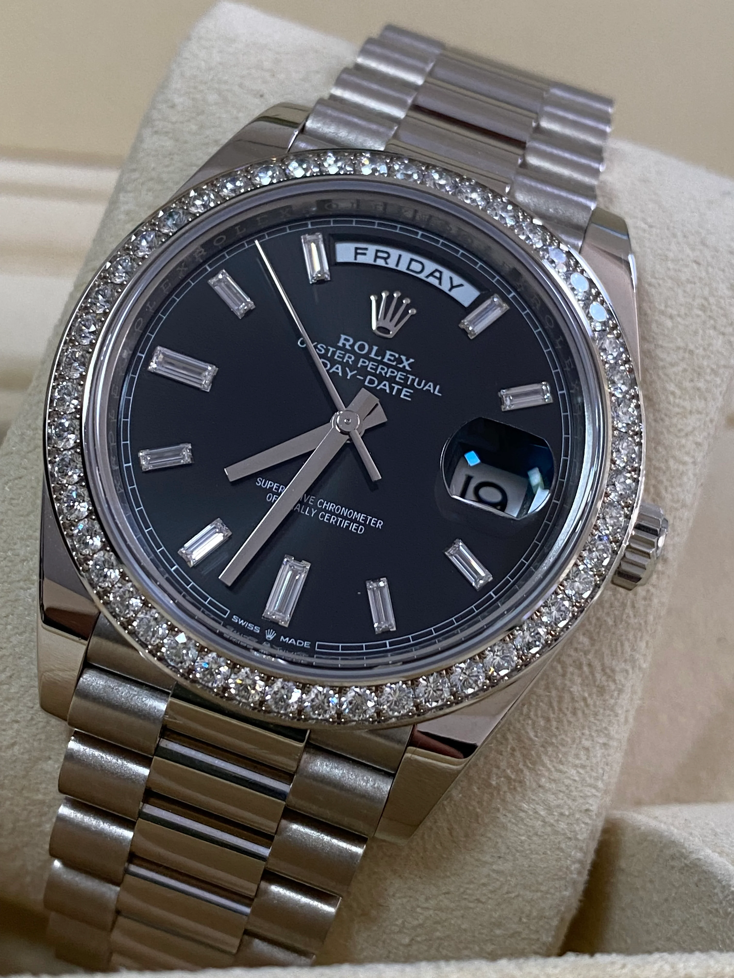 Rolex White Gold Day-Date 40 - 2023 - Diamond-Set Bezel - Black Baguette Dial - President Bracelet - 228349RBR
