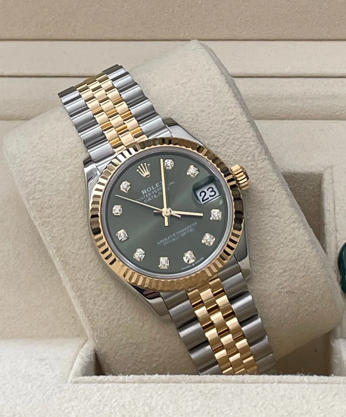 Rolex Steel and Yellow Gold Datejust 31 - 2022 - Fluted Bezel - Olive Green Diamond Dial - Jubilee Bracelet - 278273