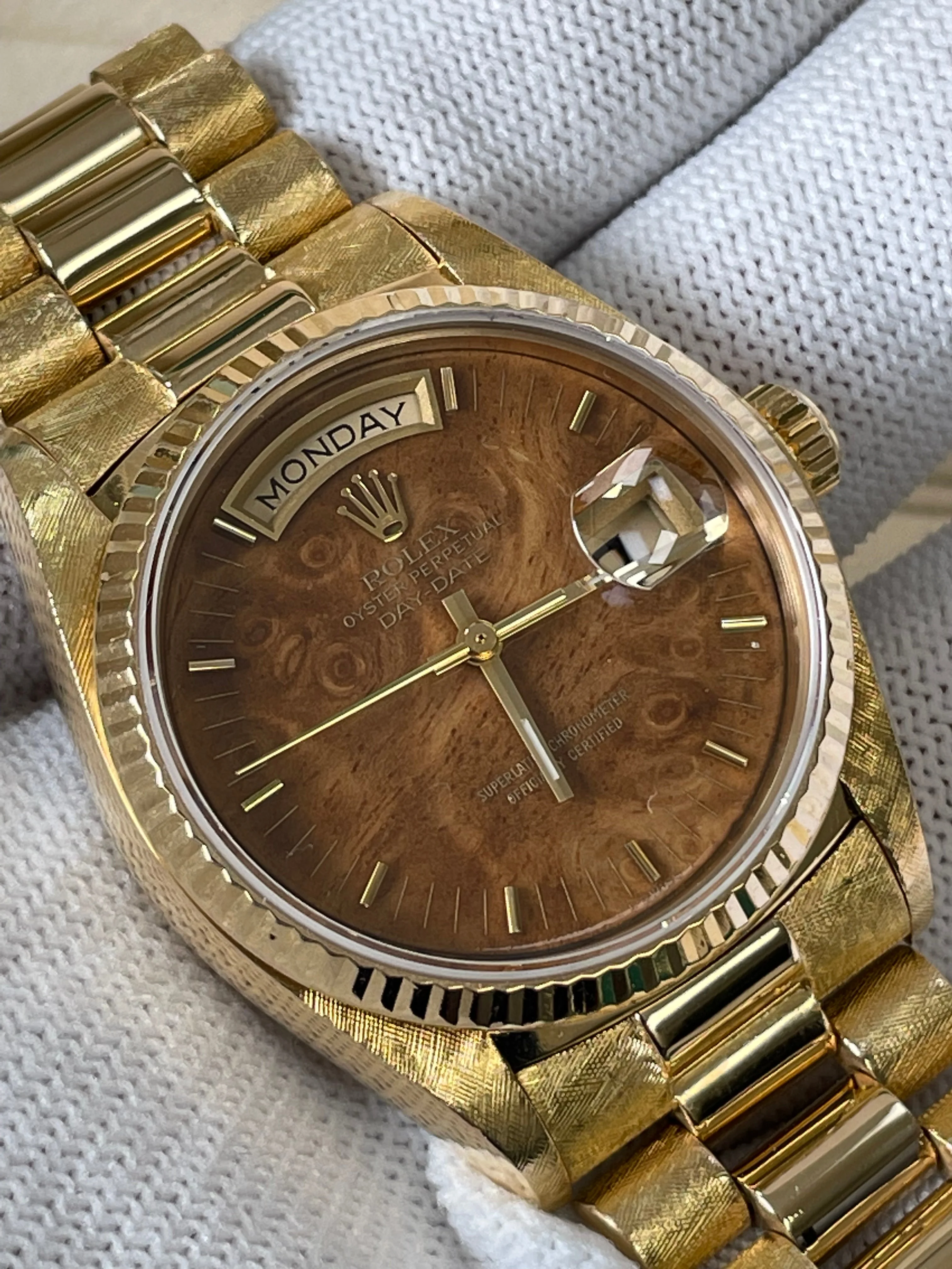 Rolex Yellow Gold Day-Date 36 - Fluted Bezel - Factory Wood Dial - President Bracelet - 18038