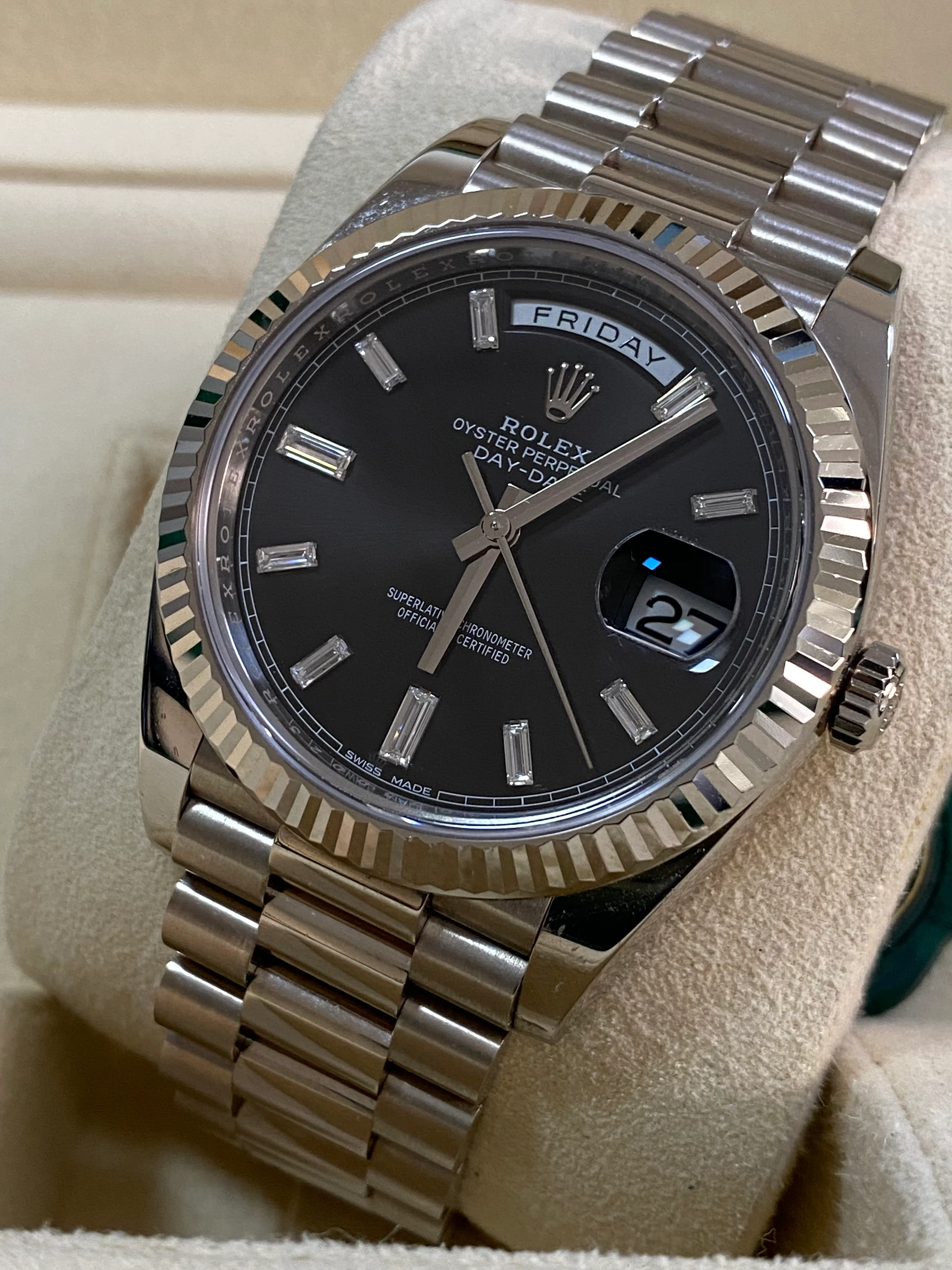 Rolex White Gold Day-Date 40 - 2021 - Fluted Bezel - Black Baguette Diamond Dial - President Bracelet - 228239