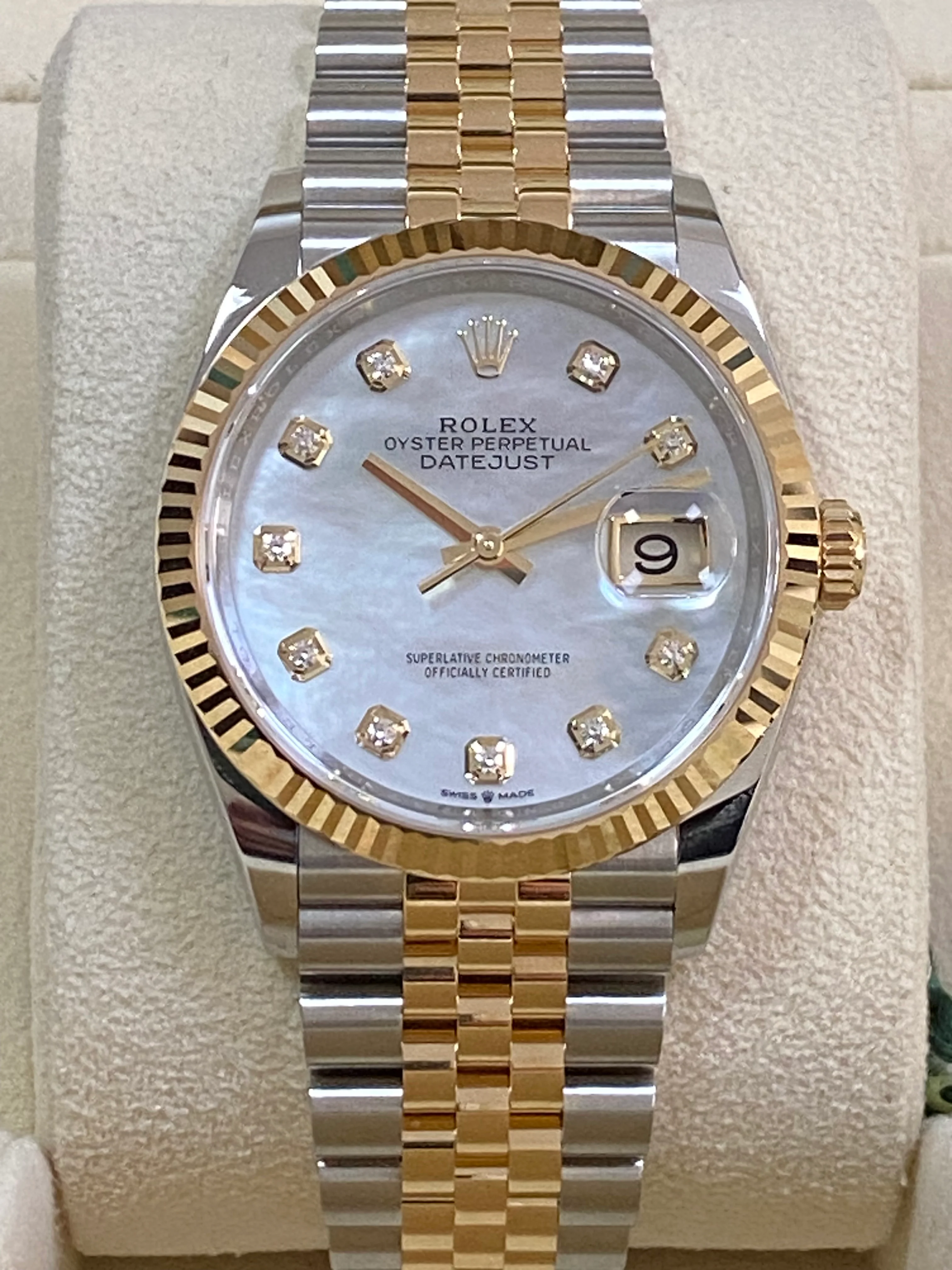 Rolex Steel and Yellow Gold Datejust 36 - 2023 - Fluted Bezel - White Mother-Of-Pearl Diamond-Set Dial - Jubilee Bracelet - 126233