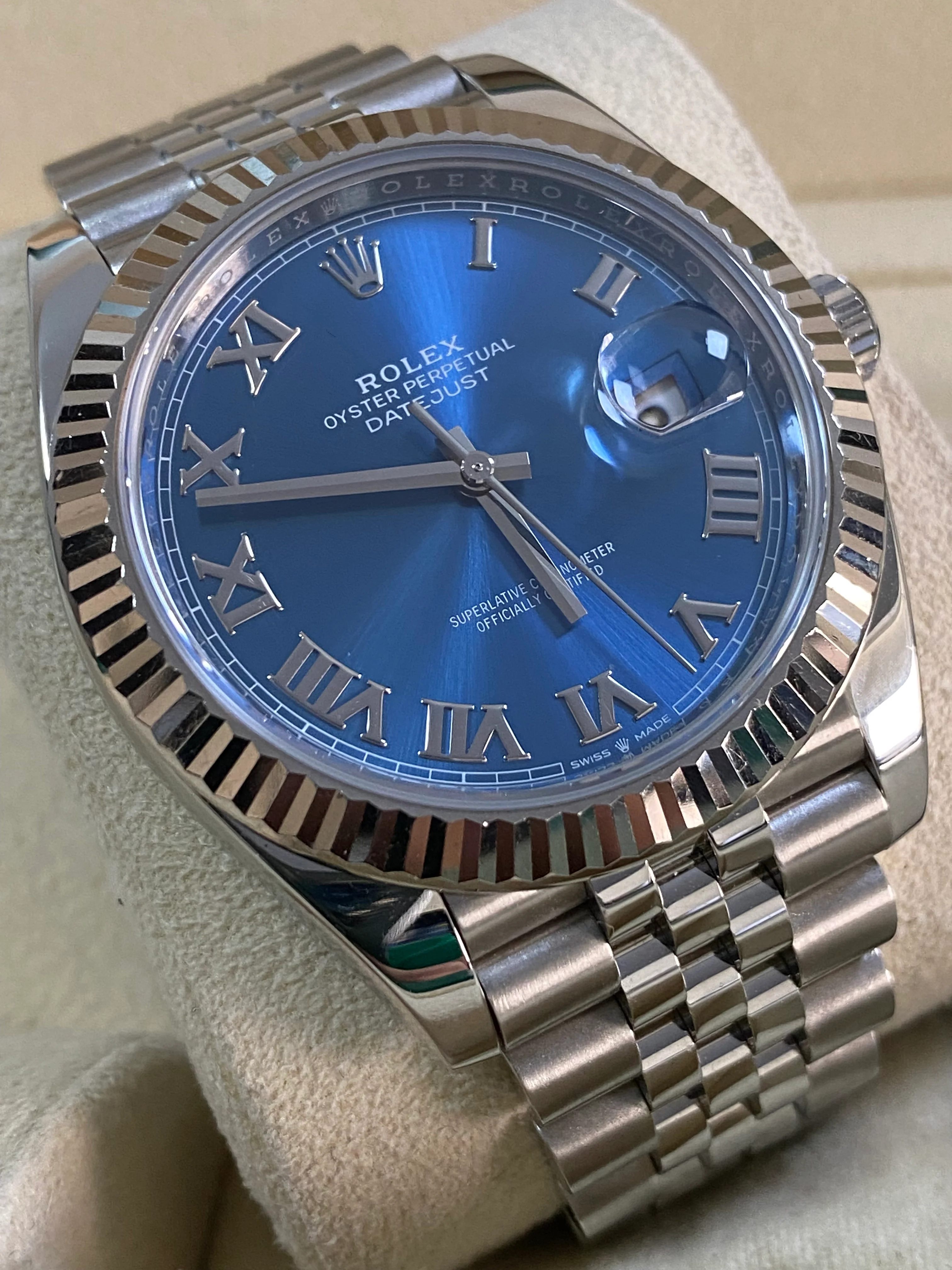Rolex Steel and White Gold Datejust 41 - Fluted Bezel - Bright Blue Roman Dial - Jubilee Bracelet - 126334