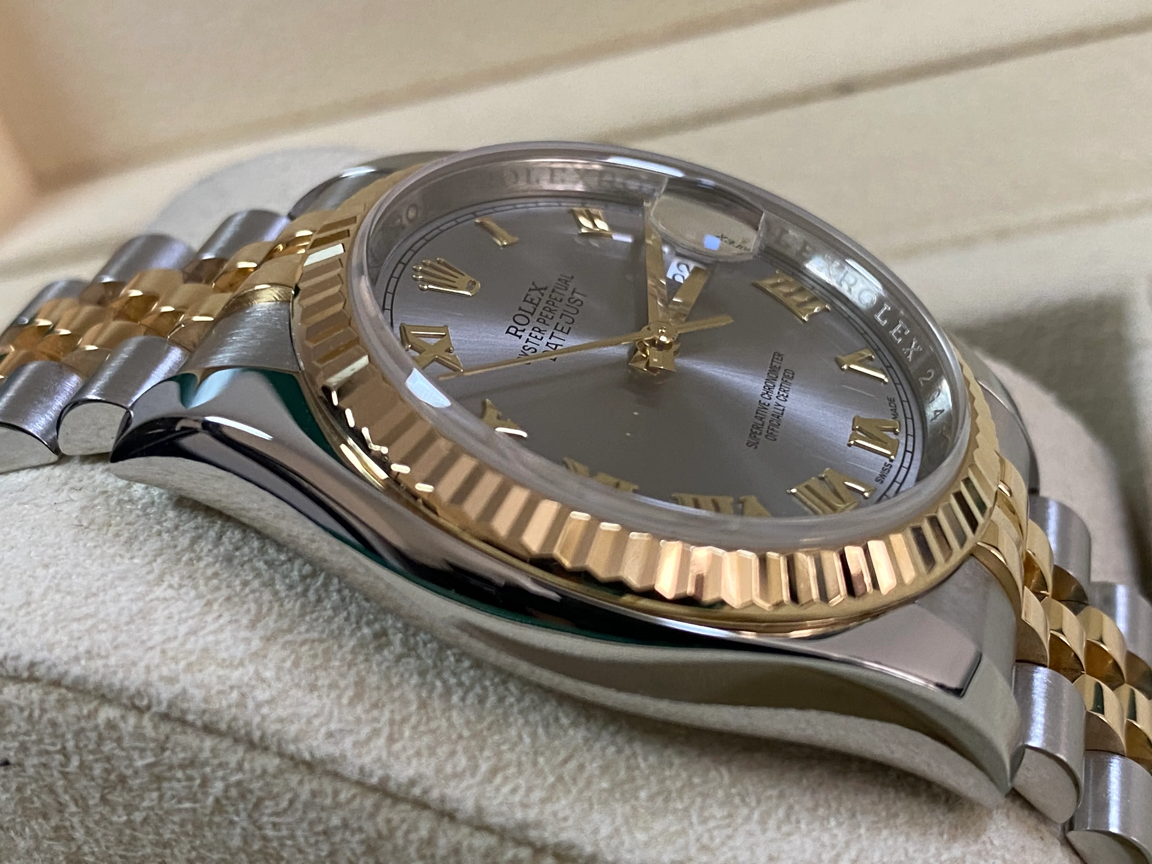 Rolex Steel and Yellow Gold Datejust 36 - 2014 - Fluted Bezel - Slate Grey Roman Dial - Jubilee Bracelet - 116233 *FULL SET*