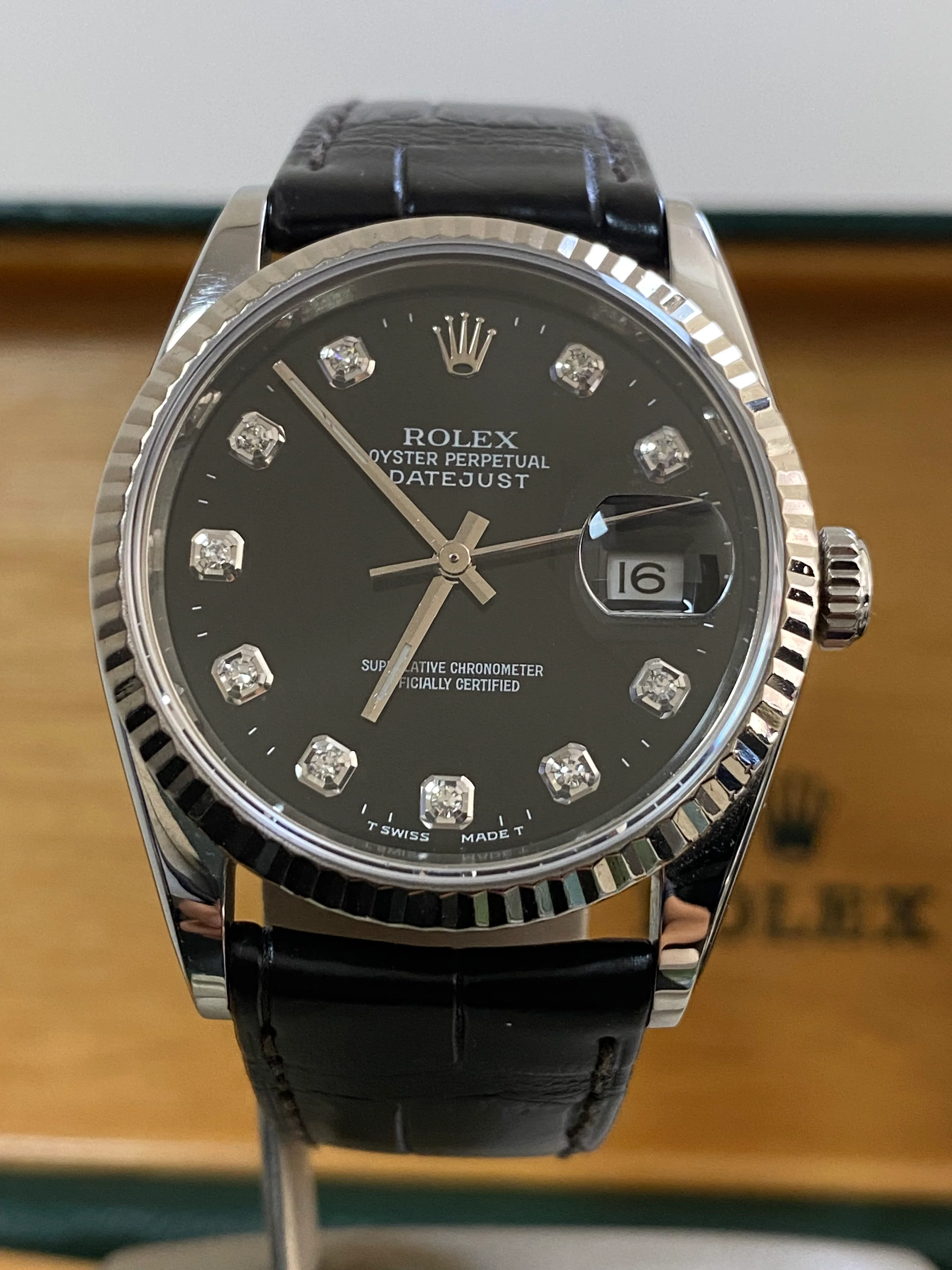 Rolex Steel Datejust 36 - W serial - Fluted Bezel - Factory Black Diamond Dial - Leather Strap - 16234