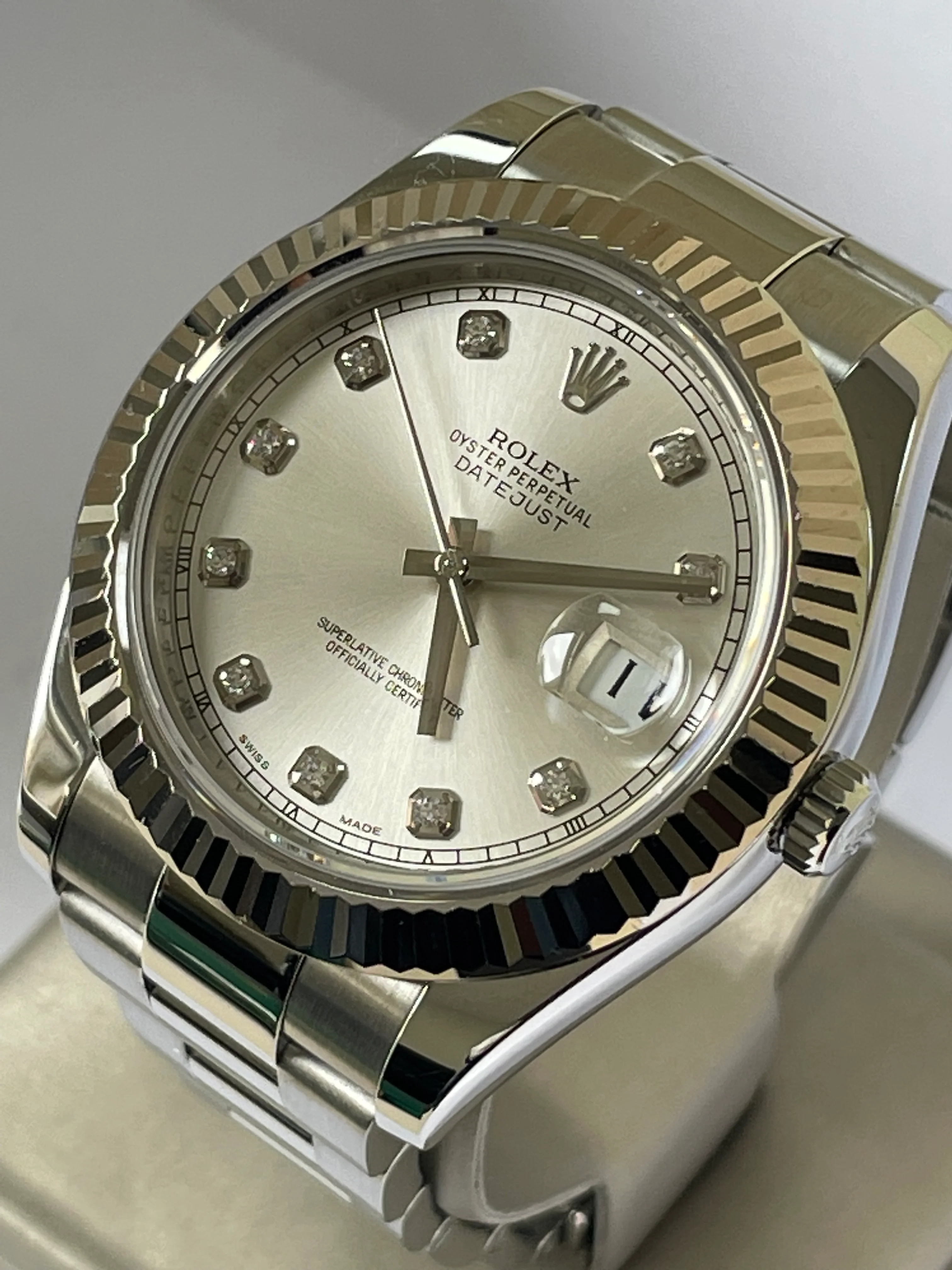Rolex Steel Datejust II - 2010 - Fluted Bezel - Silver Diamond Dial - Oyster Bracelet - 116334