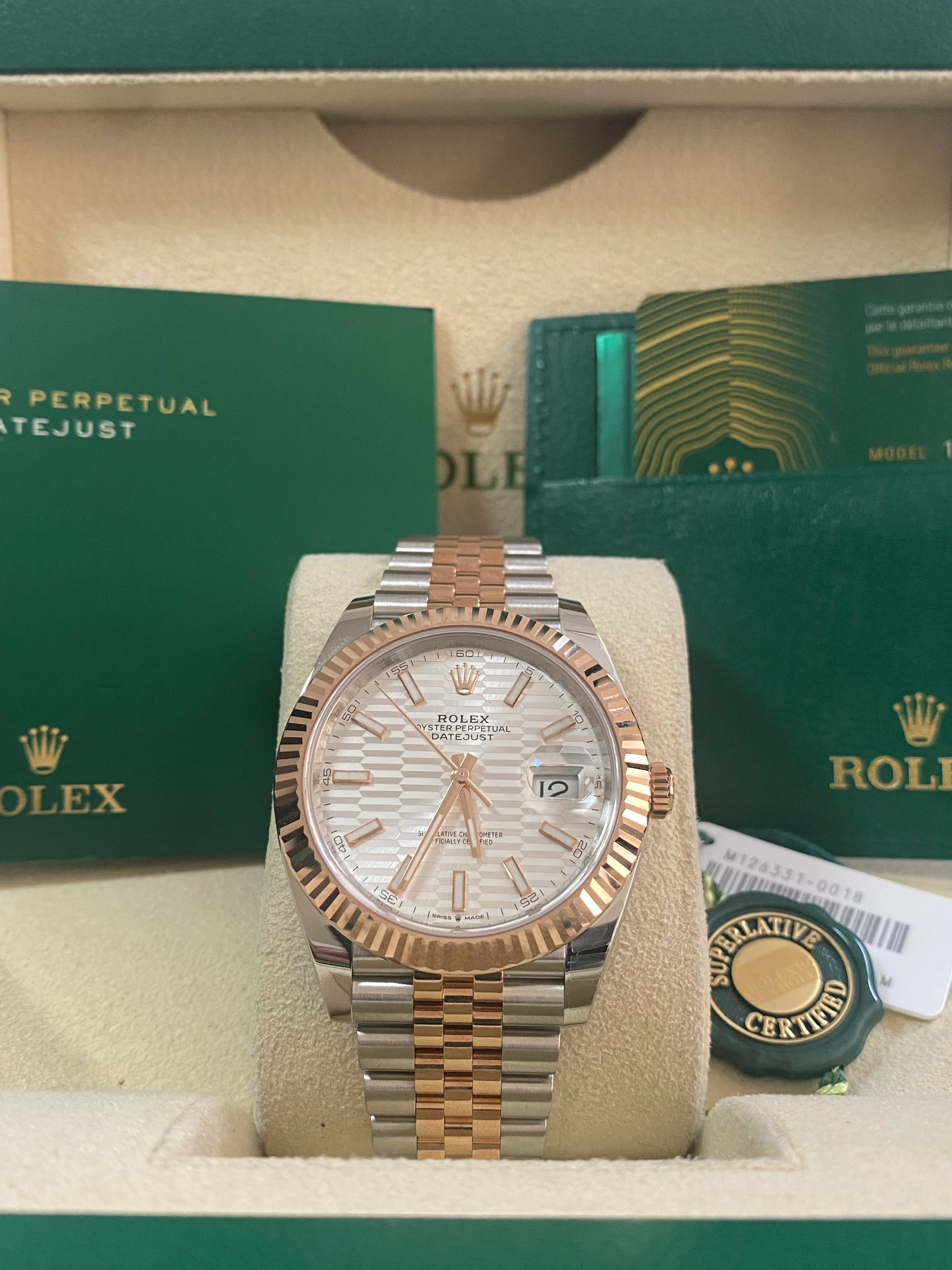 Rolex Steel and Everose Gold Datejust 41 - 2023 - Fluted Bezel - Silver Fluted-Motif Dial - Jubilee Bracelet - 126331 *PARTIAL STICKERS*