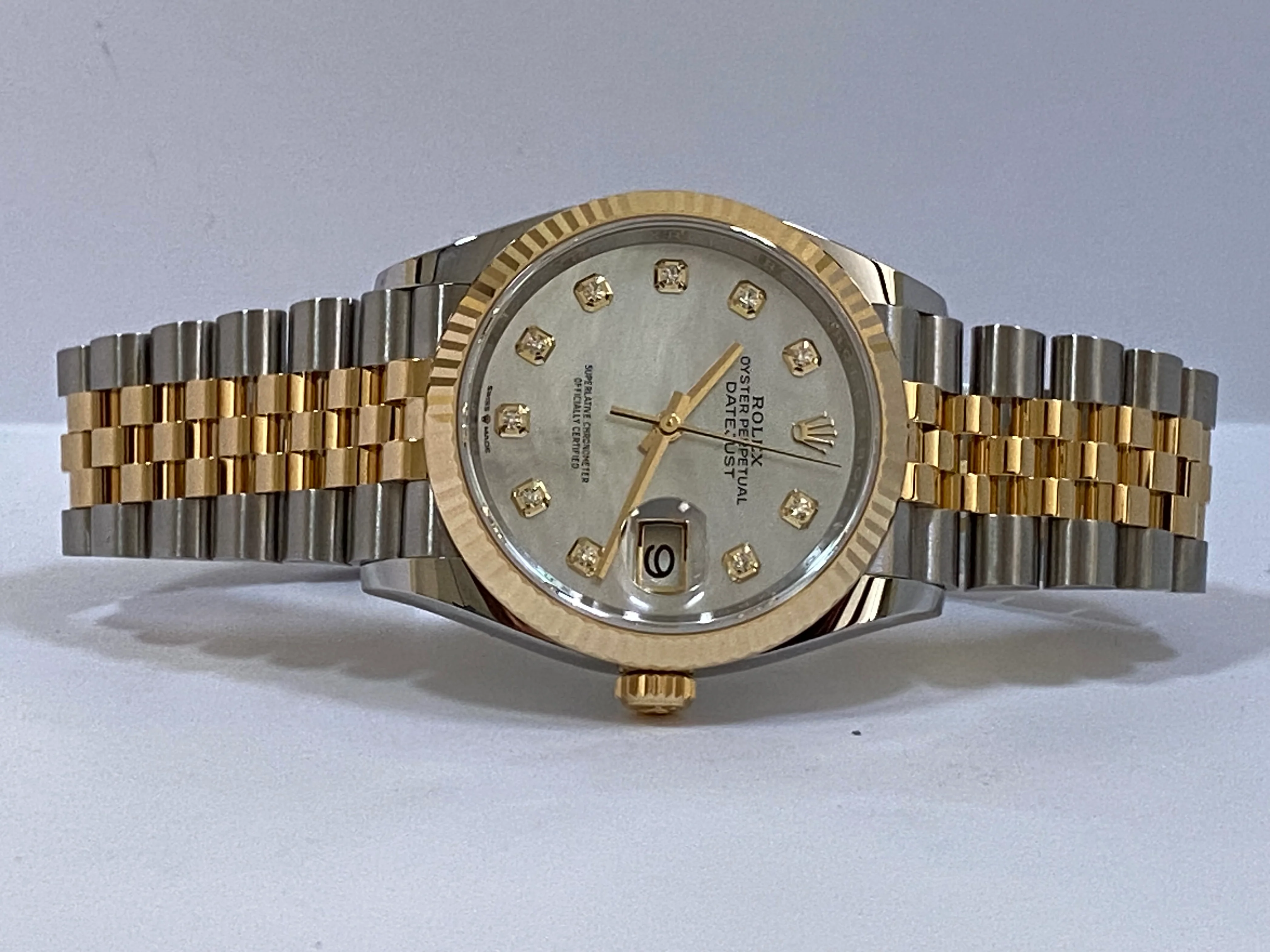Rolex Steel and Yellow Gold Datejust 36 - 2023 - Fluted Bezel - White Mother-Of-Pearl Diamond-Set Dial - Jubilee Bracelet - 126233