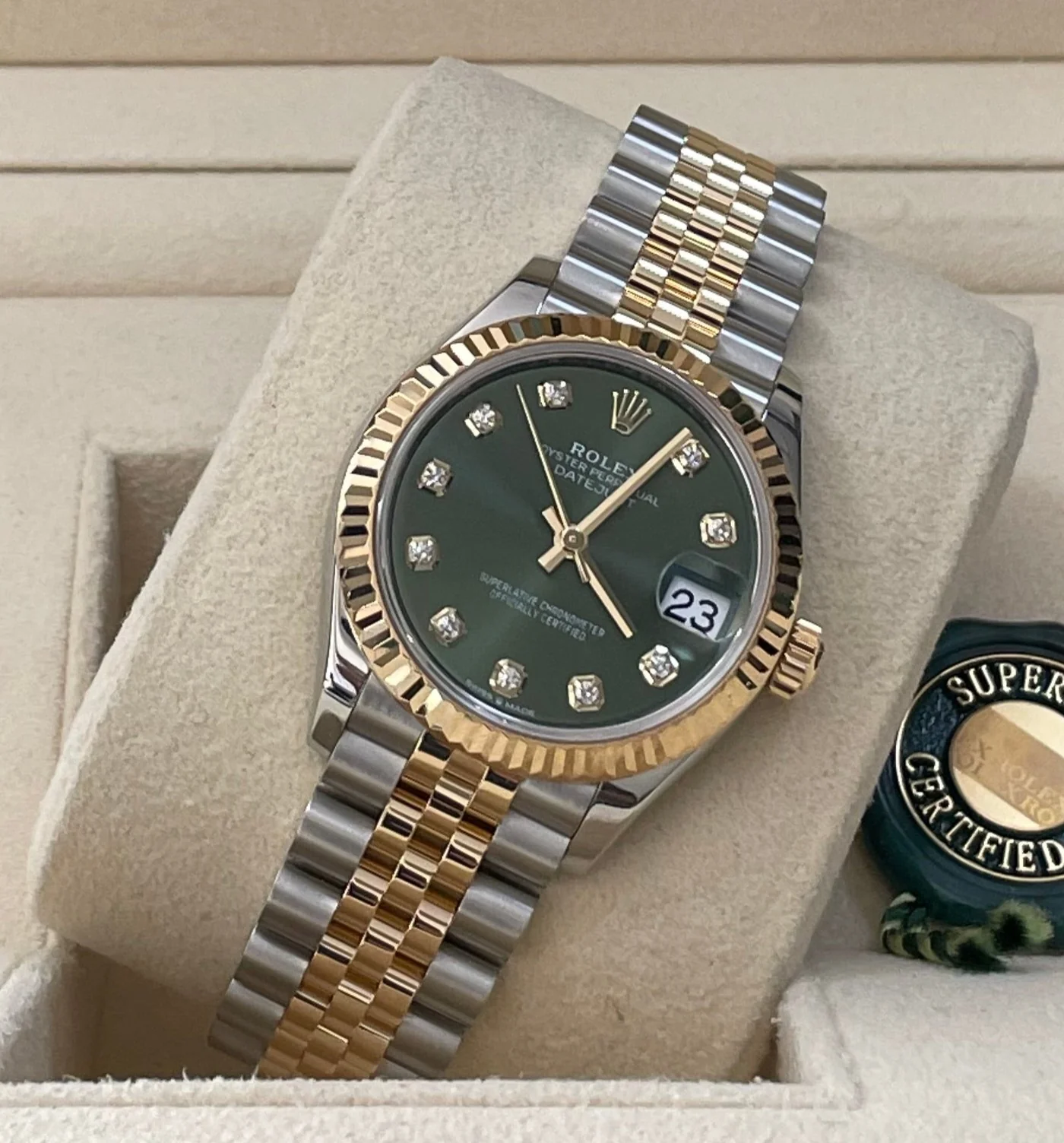 Rolex Steel and Yellow Gold Datejust 31 - 2022 - Fluted Bezel - Olive Green Diamond Dial - Jubilee Bracelet - 278273