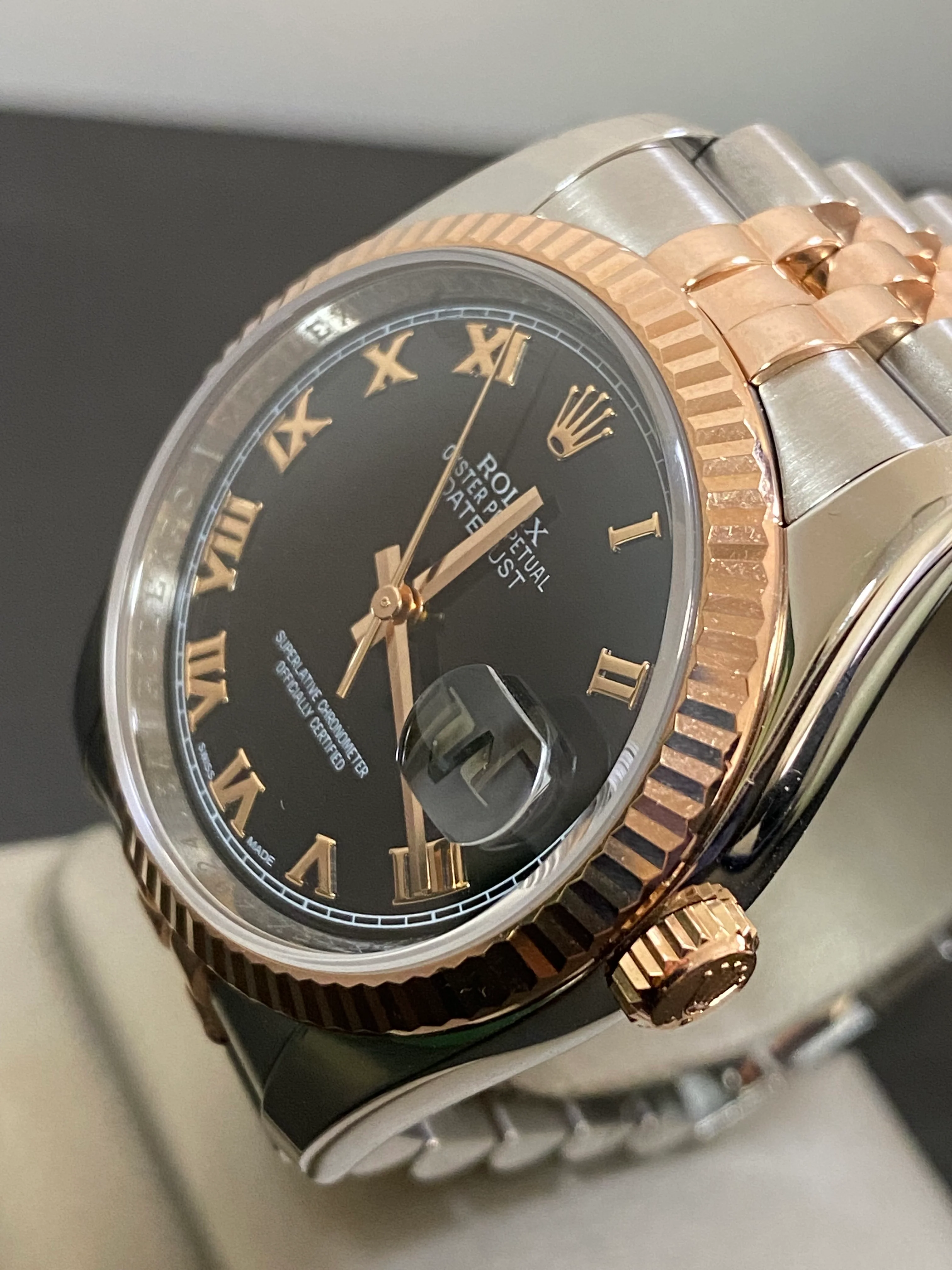 Rolex Steel and Everose Gold Datejust 36 - Fluted Bezel - Black Roman Dial - Jubilee Bracelet - 116231