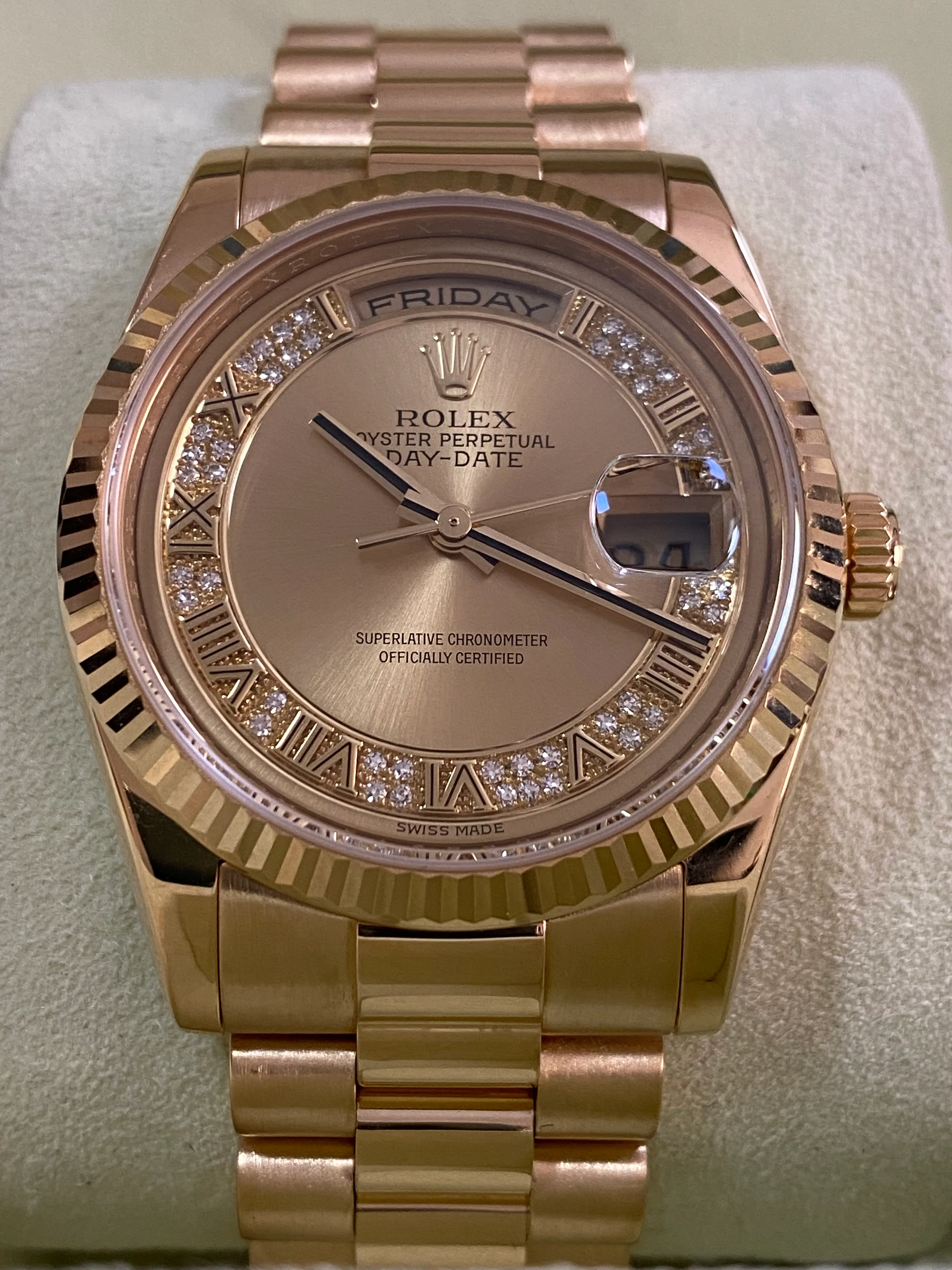 Rolex Yellow Gold Day-Date 36 - G serial - Fluted Bezel - Factory Myriad Diamond Dial - President Bracelet - 118238 *FULL SET*