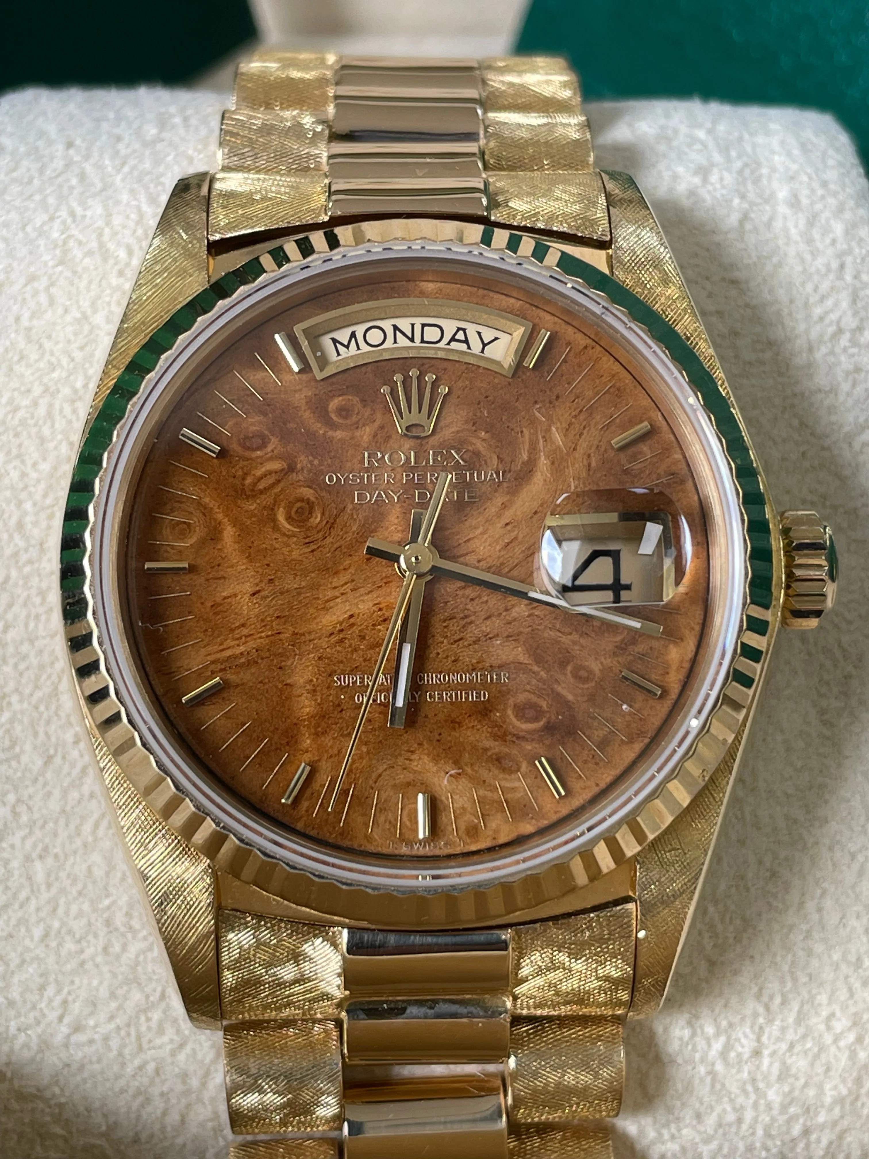 Rolex Yellow Gold Day-Date 36 - Fluted Bezel - Factory Wood Dial - President Bracelet - 18038