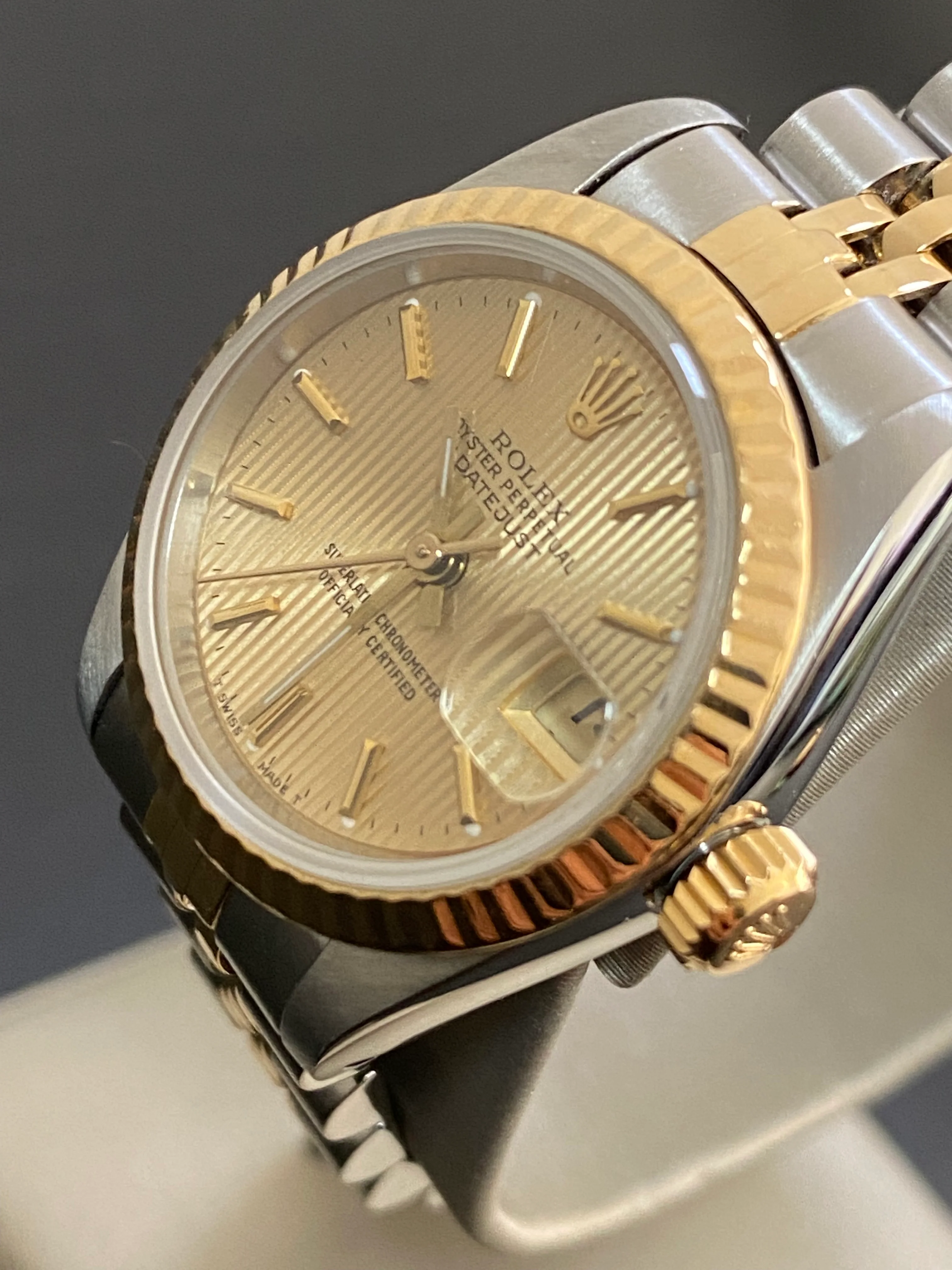 Rolex Steel and Yellow Gold Lady-Datejust - L serial - Fluted Bezel - Tapestry Dial - Jubilee Bracelet - 69173 *COMPLETE SET*