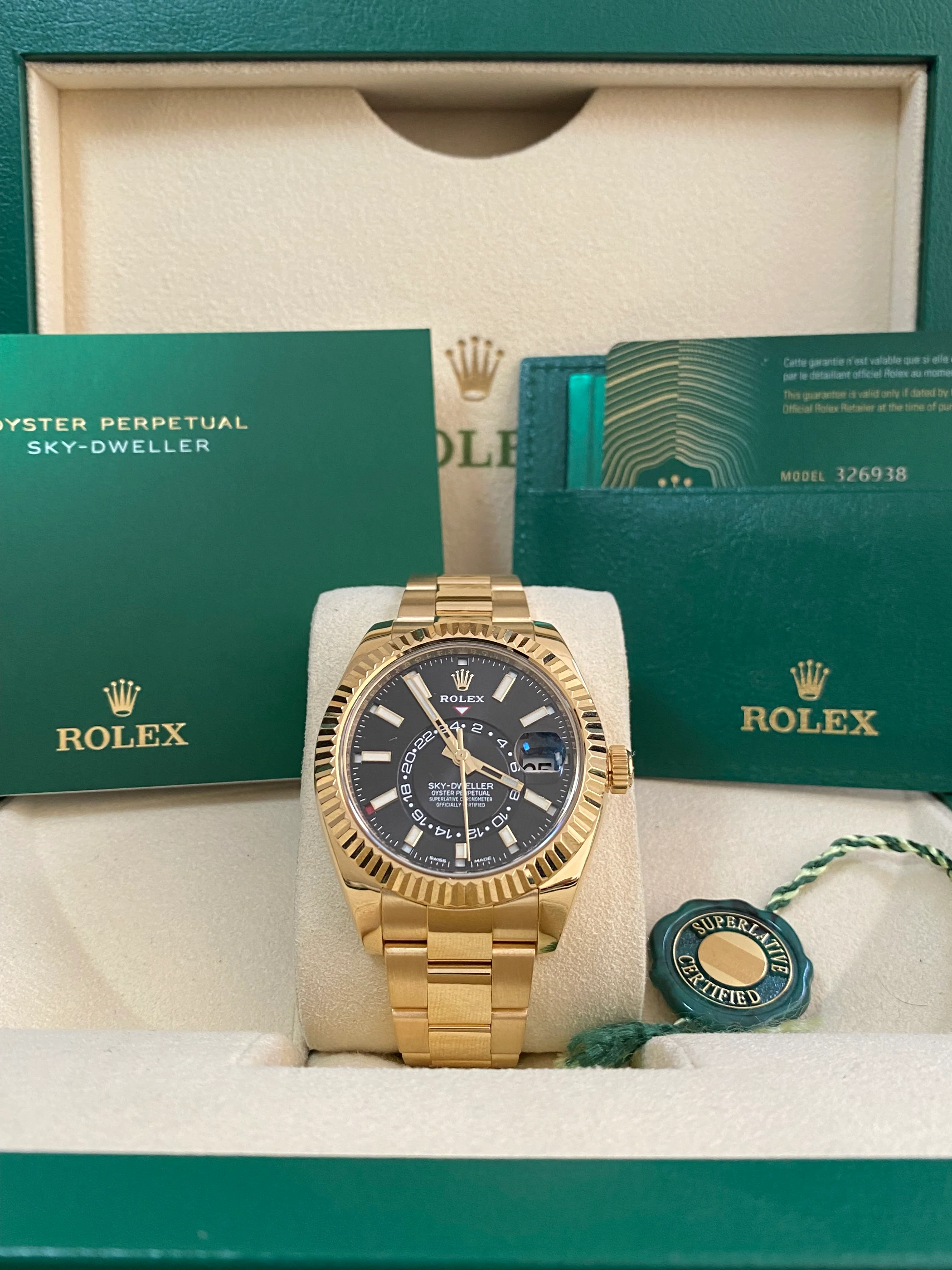 Rolex Yellow Gold Sky-Dweller - 2022 - Black Index Dial - Oyster Bracelet - 326938 *COMPLETE SET*