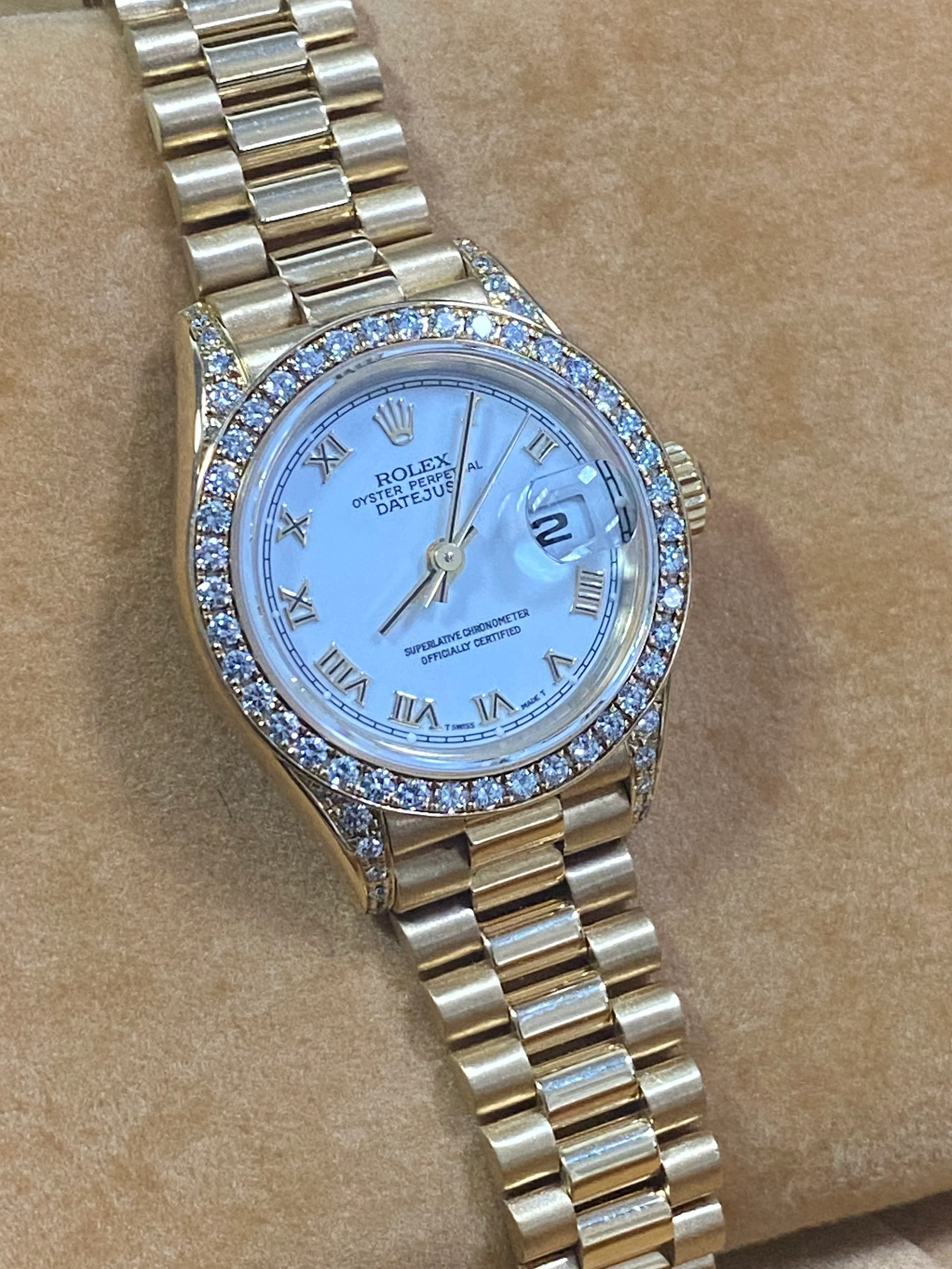 Rolex Yellow Gold Lady-Datejust - 1990 - Diamond Bezel - White Roman Dial - President Bracelet - 69158 