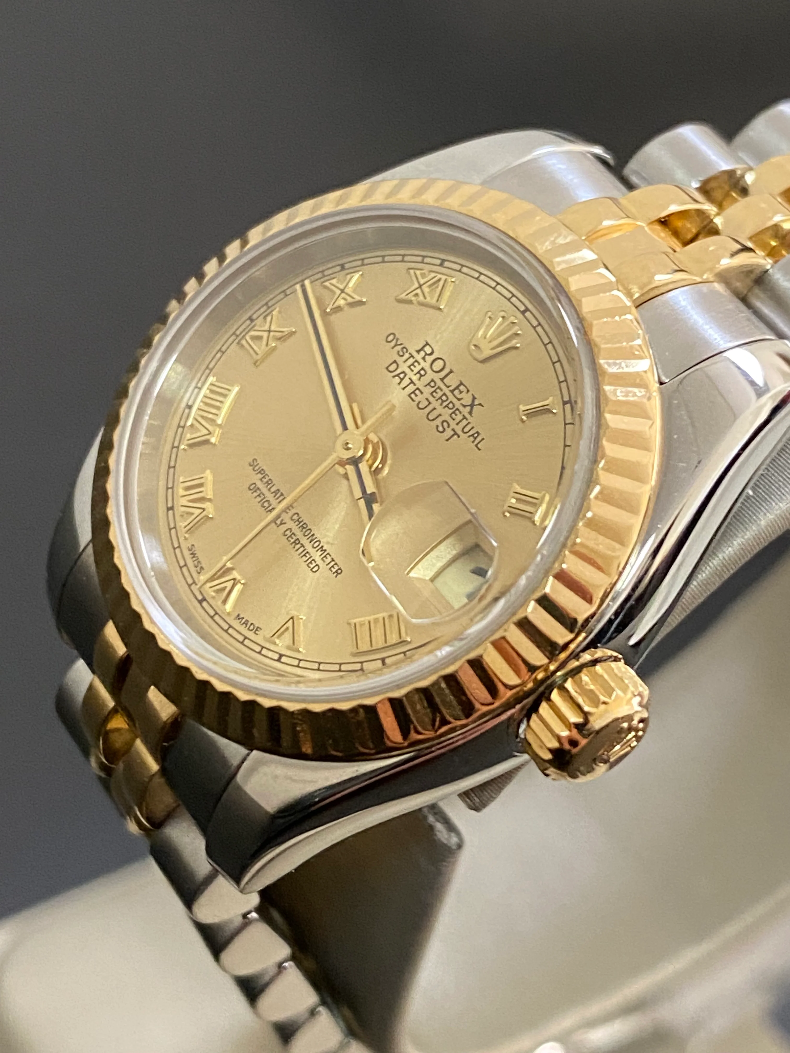 Rolex Yellow Gold and Steel Lady-Datejust - D serial - Fluted Bezel - Champagne Roman Dial - Jubilee Bracelet - 179173