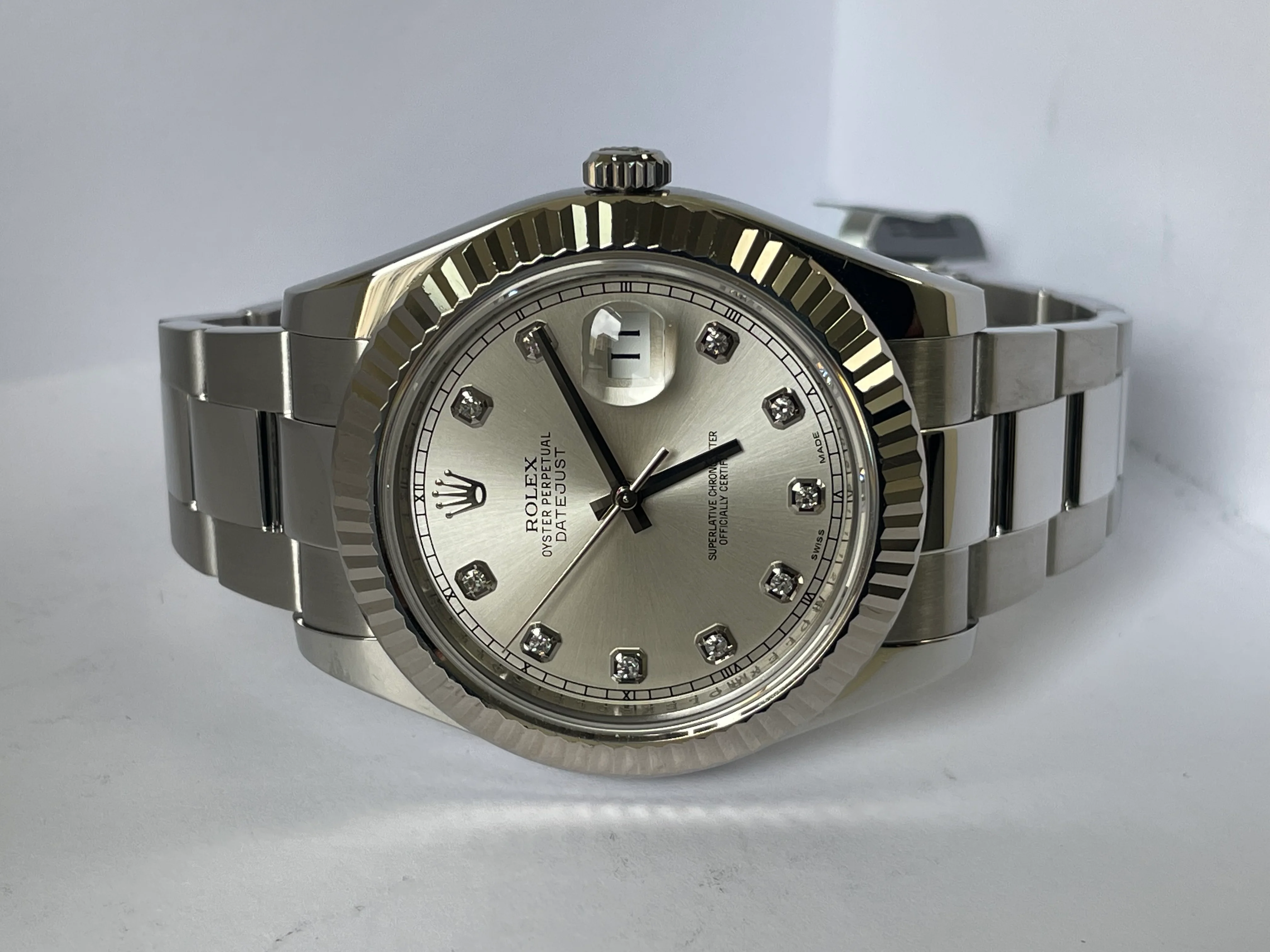 Rolex Steel Datejust II - 2010 - Fluted Bezel - Silver Diamond Dial - Oyster Bracelet - 116334