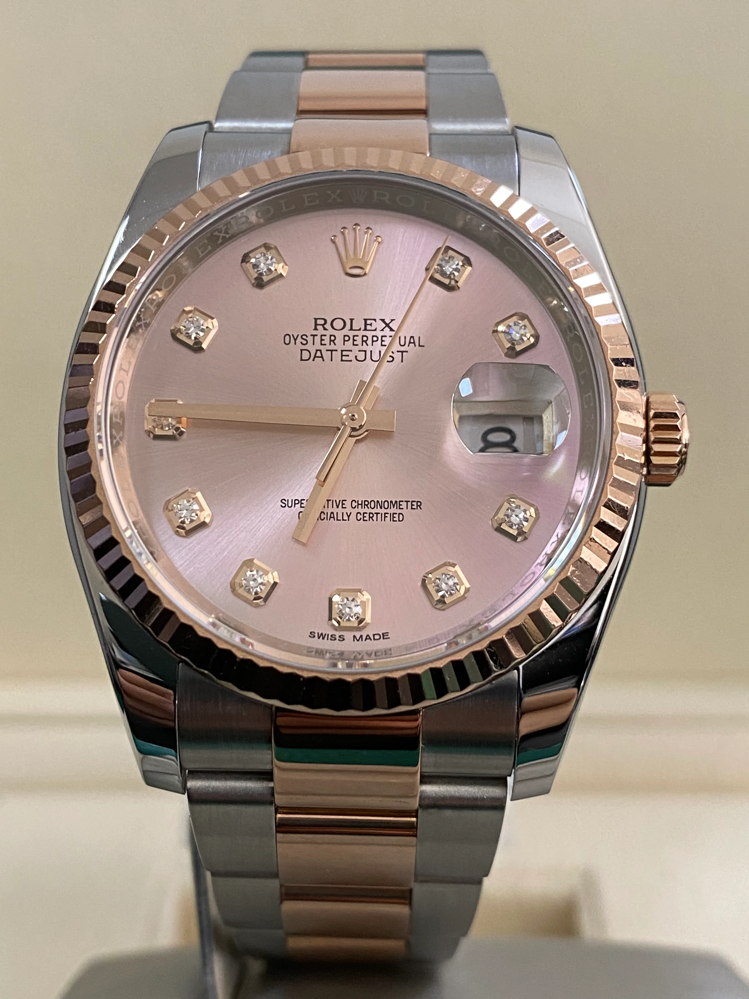 Rolex Steel and Everose Gold Datejust 36 - 2017 - Fluted Bezel - Factory Pink Diamond Dial - Oyster Bracelet - 116231 *FULL SET*