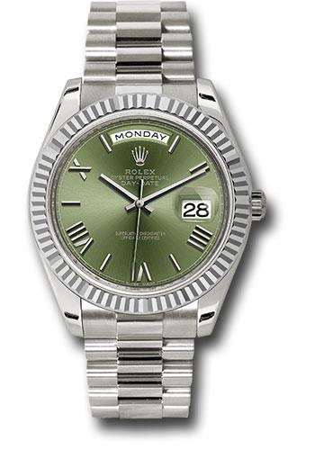 Rolex White Gold Day-Date 40 - 2024 - Fluted Bezel - Olive Green Bevelled Roman Dial - President Bracelet - 228239 *FULL SET*